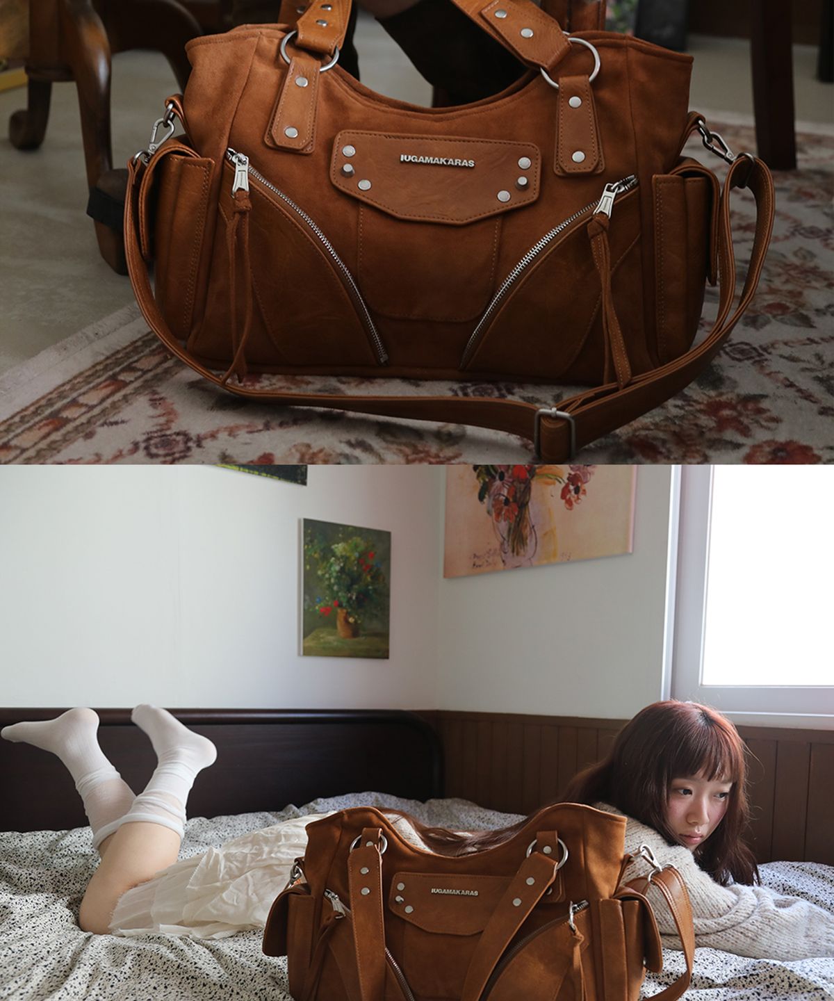 이우가마카라스(IUGAMAKARAS) Studded Suede Shoulder Bag (Camel)