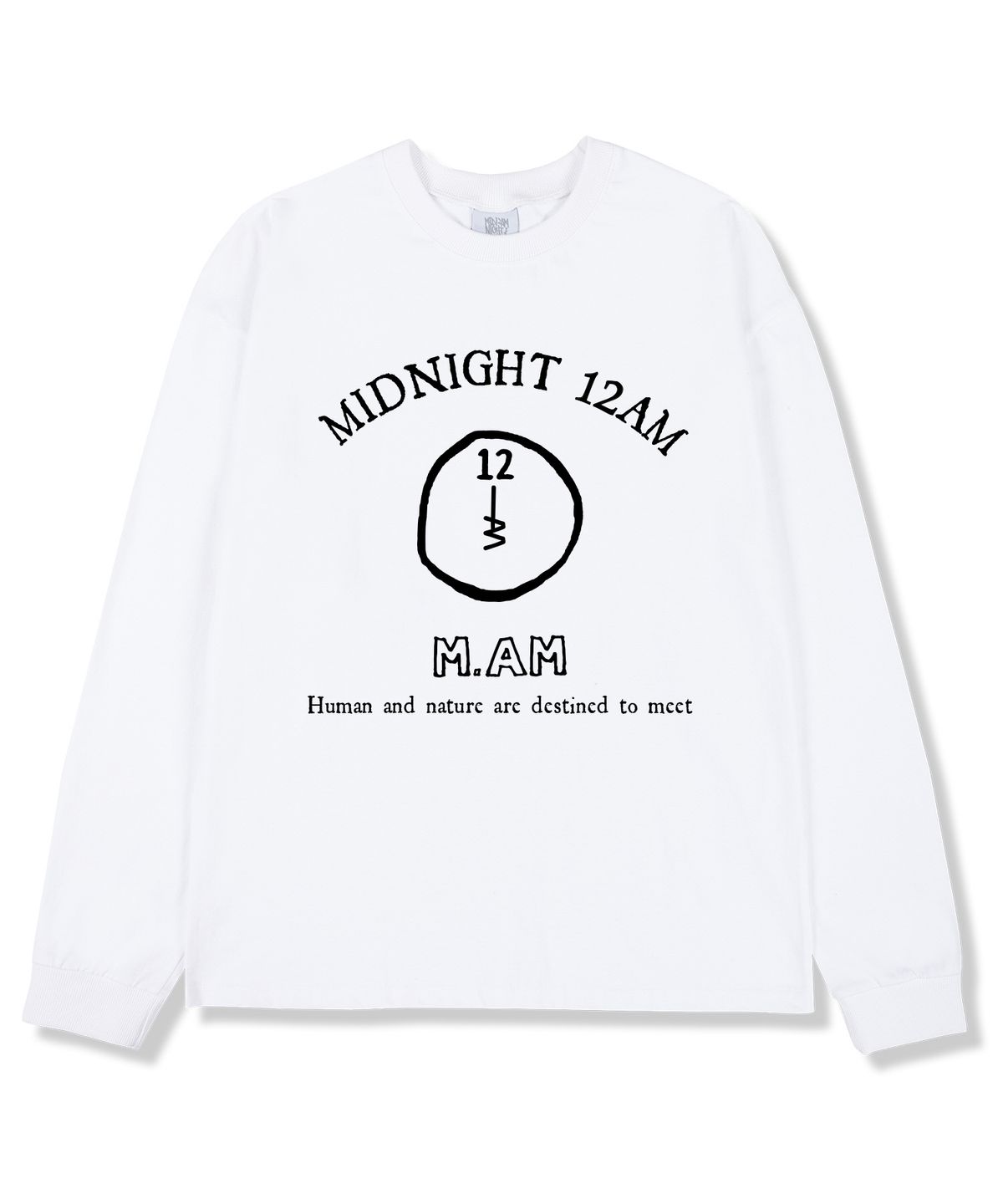 미드나잇12에이엠(MIDNIGHT12AM) 12M.AM로고 오버핏 긴팔티셔츠 화이트 (시보리선택)
