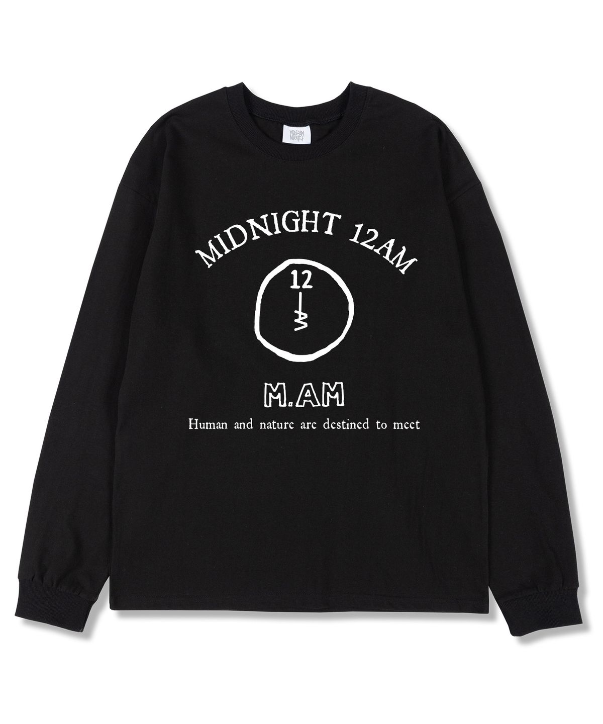 미드나잇12에이엠(MIDNIGHT12AM) 12M.AM로고 오버핏 긴팔티셔츠 블랙 (시보리선택)