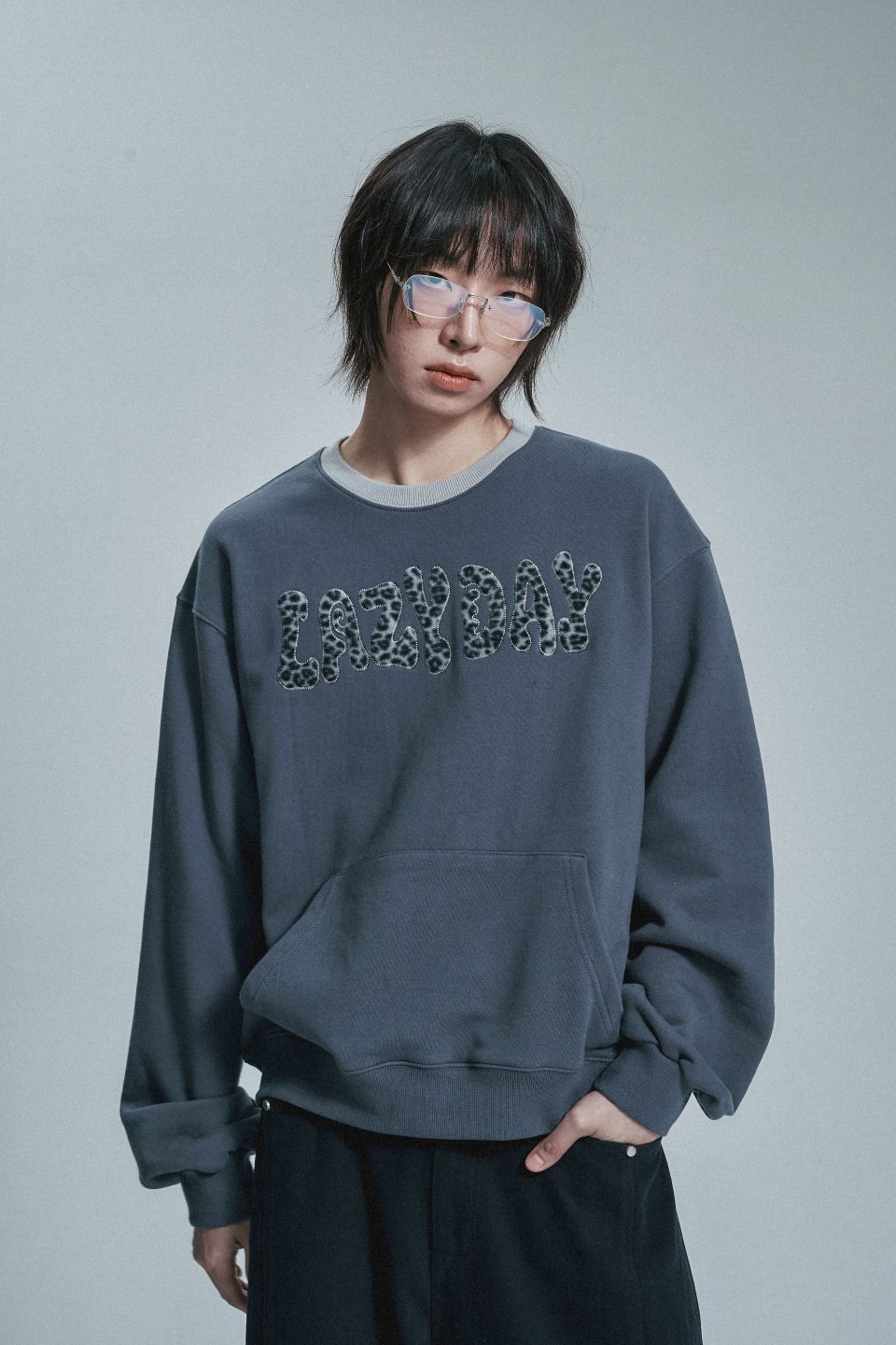 MUSINSA | MOO Leopard Applique Sweatshirt - Blue Grey