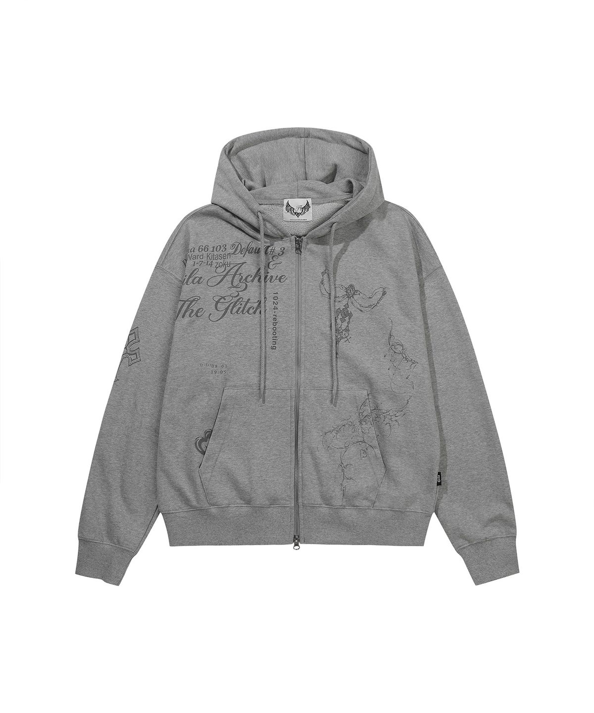 길라아카이브(GILAARCHIVE) TATTOOED GRAPHIC HOOD ZIP-UP_GREY