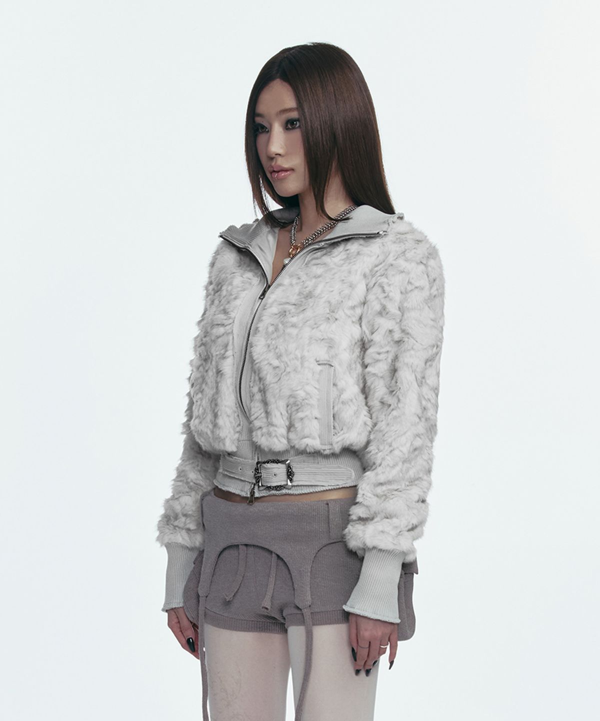 길라아카이브(GILAARCHIVE) FAUX FUR BELT ZIP JACKET_GREY