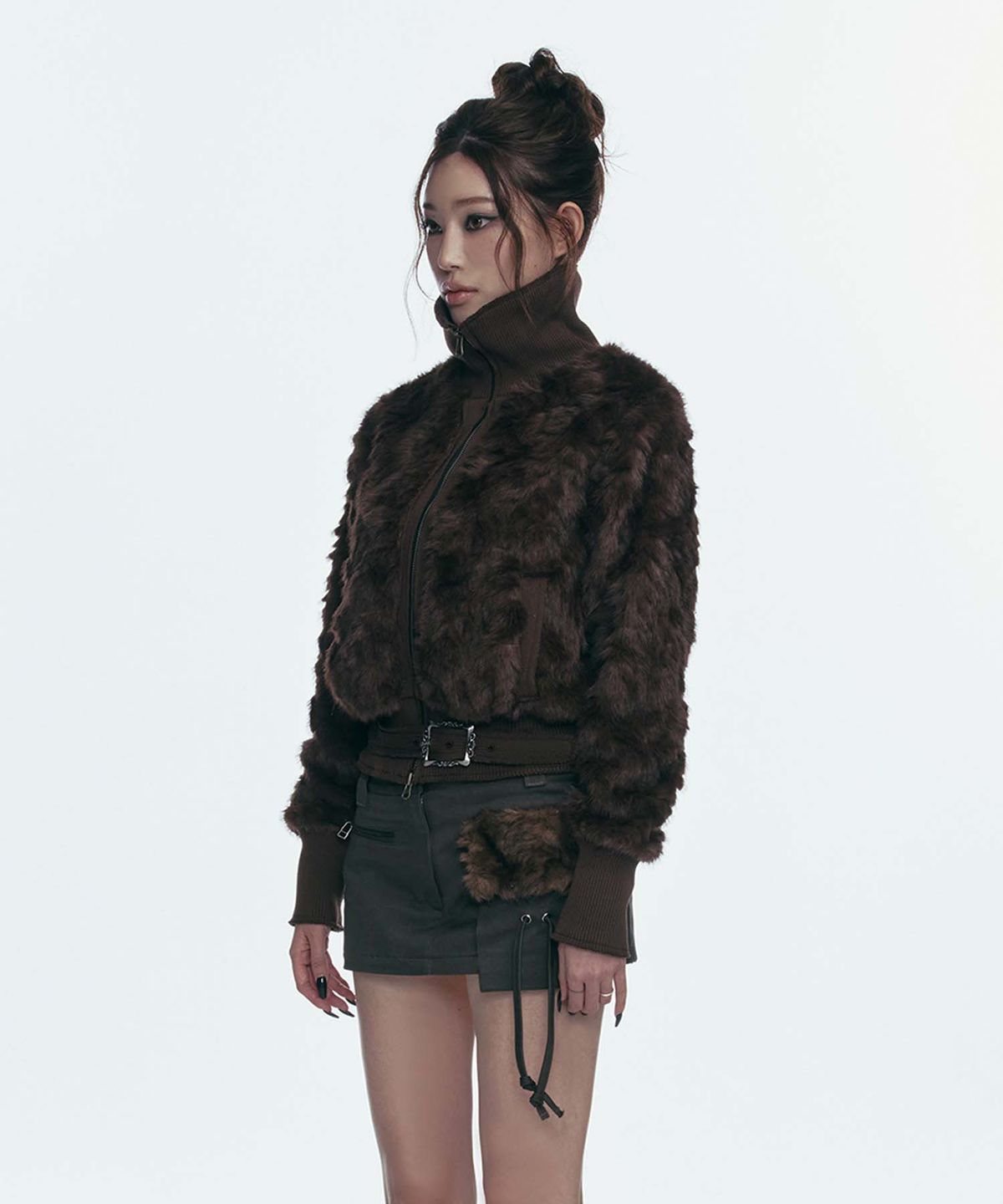 길라아카이브(GILAARCHIVE) FAUX FUR BELT ZIP JACKET_BROWN