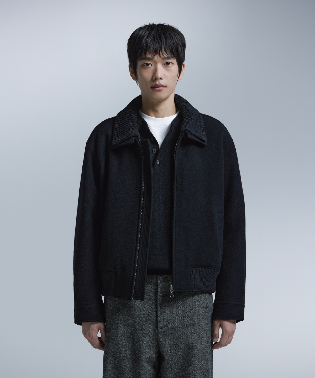 넌블랭크(NONBLANK) 니트칼라 울 블렌드 숏 자켓_BLACK