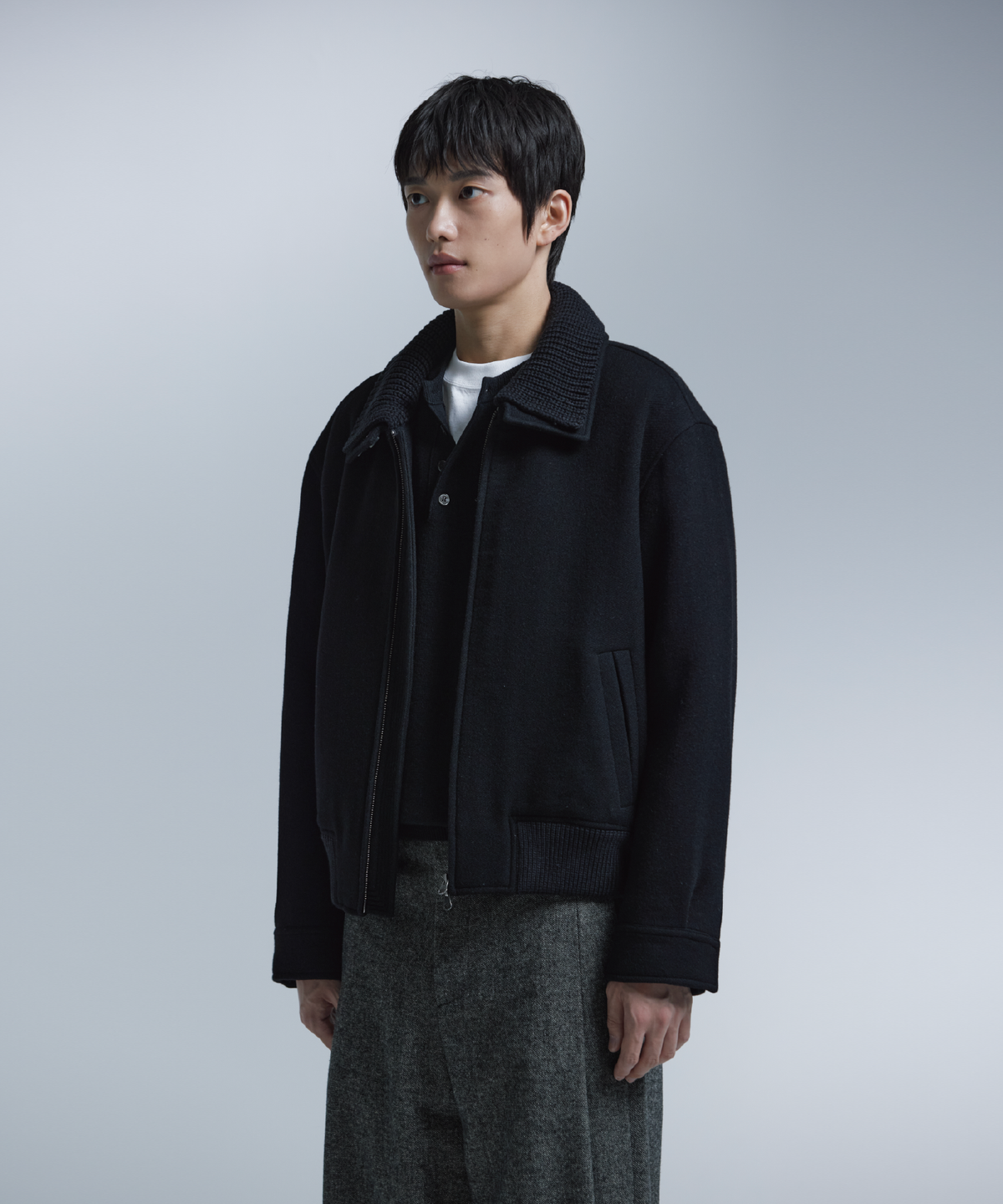 넌블랭크(NONBLANK) 니트칼라 울 블렌드 숏 자켓_BLACK