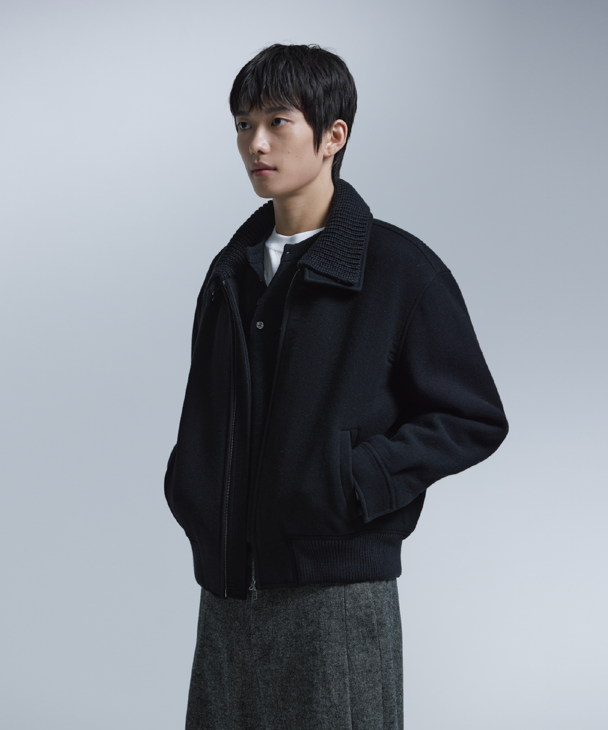 넌블랭크(NONBLANK) 니트칼라 울 블렌드 숏 자켓_BLACK