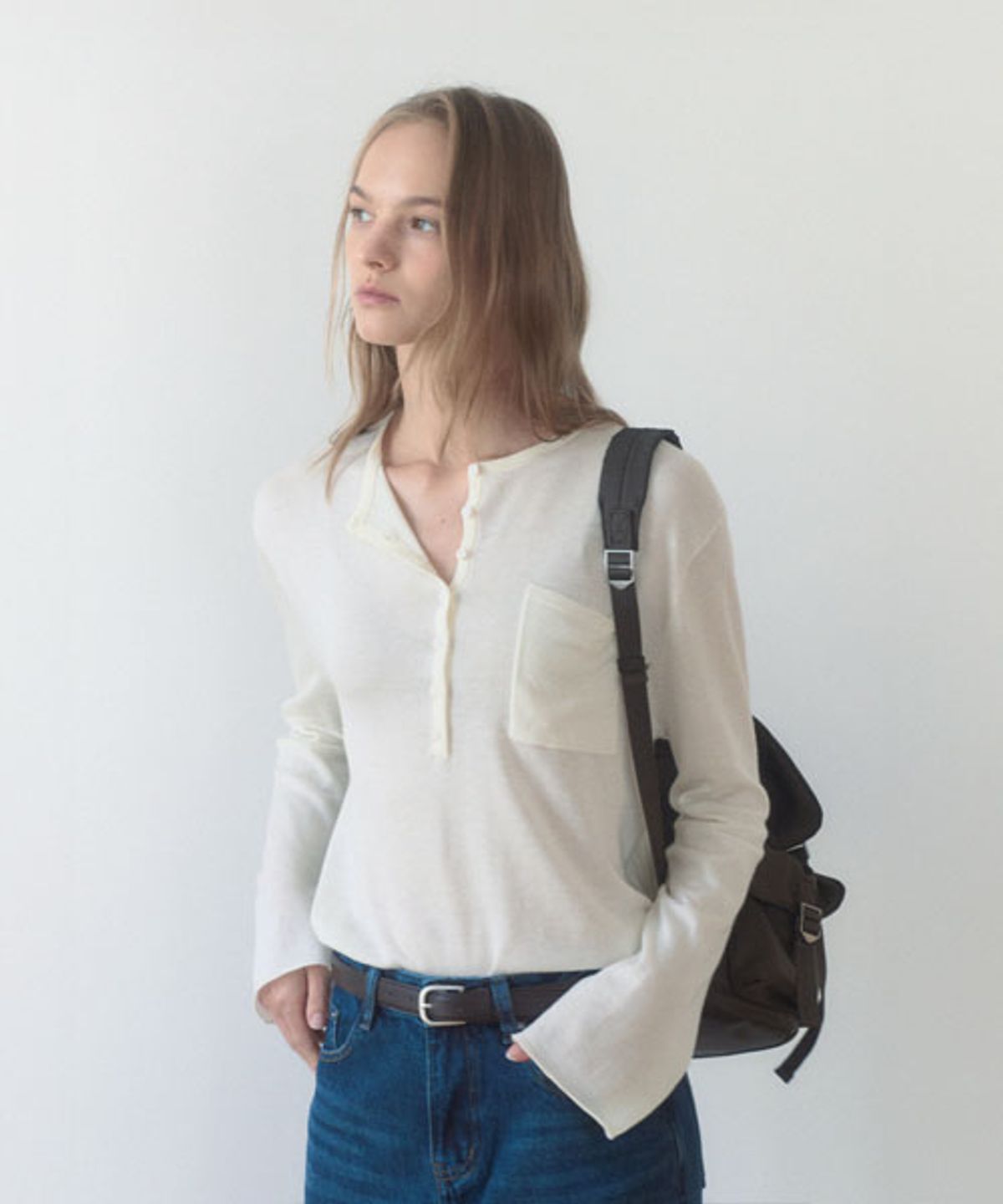 헤인트(HAINT) BOY FIT SOFT HENLEY NECK KNITWEAR_IVORY