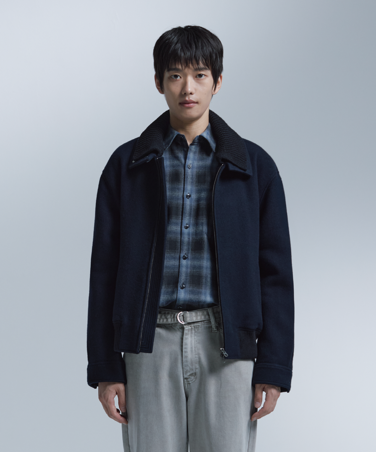 넌블랭크(NONBLANK) 니트칼라 울 블렌드 숏 자켓_DARK NAVY