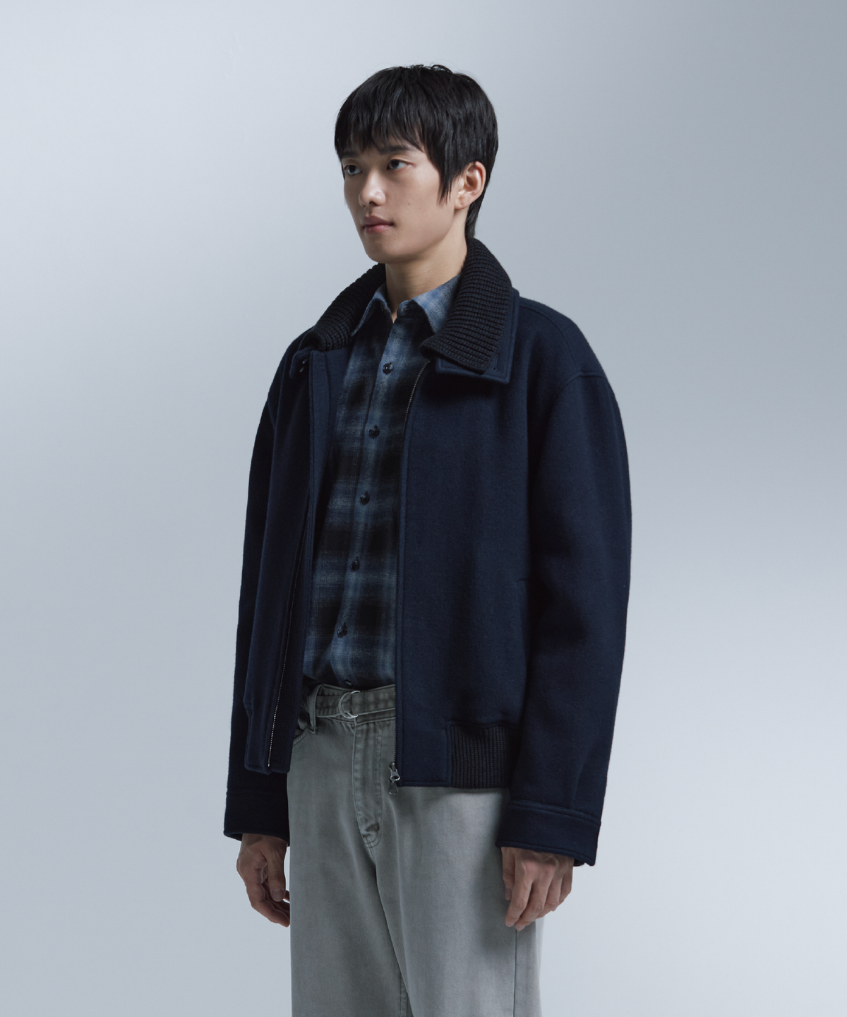 넌블랭크(NONBLANK) 니트칼라 울 블렌드 숏 자켓_DARK NAVY