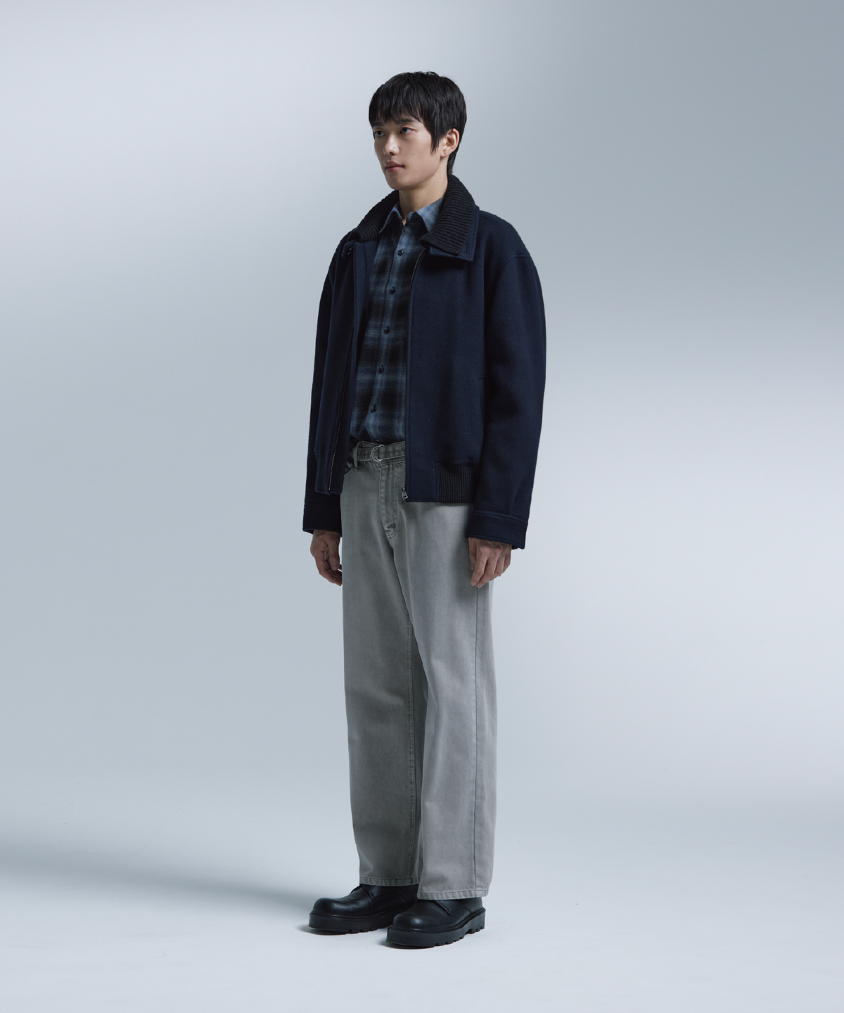넌블랭크(NONBLANK) 니트칼라 울 블렌드 숏 자켓_DARK NAVY