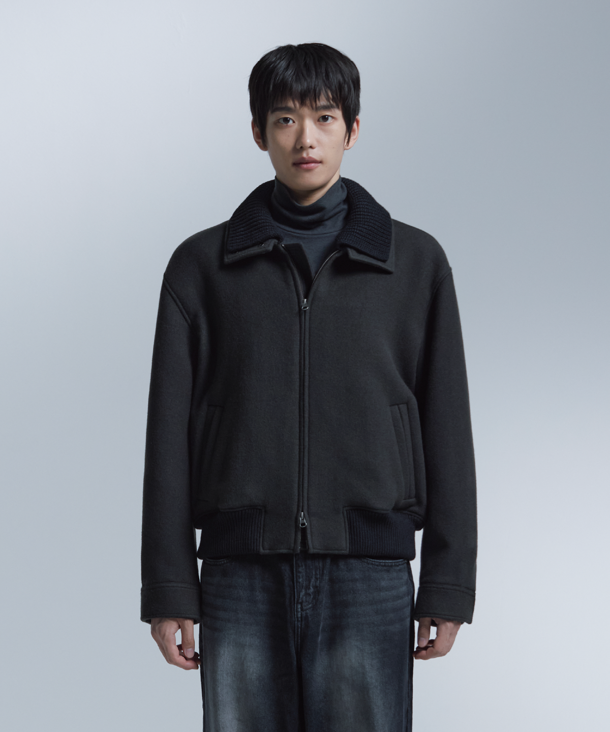 넌블랭크(NONBLANK) 니트칼라 울 블렌드 숏 자켓_DARK GREY