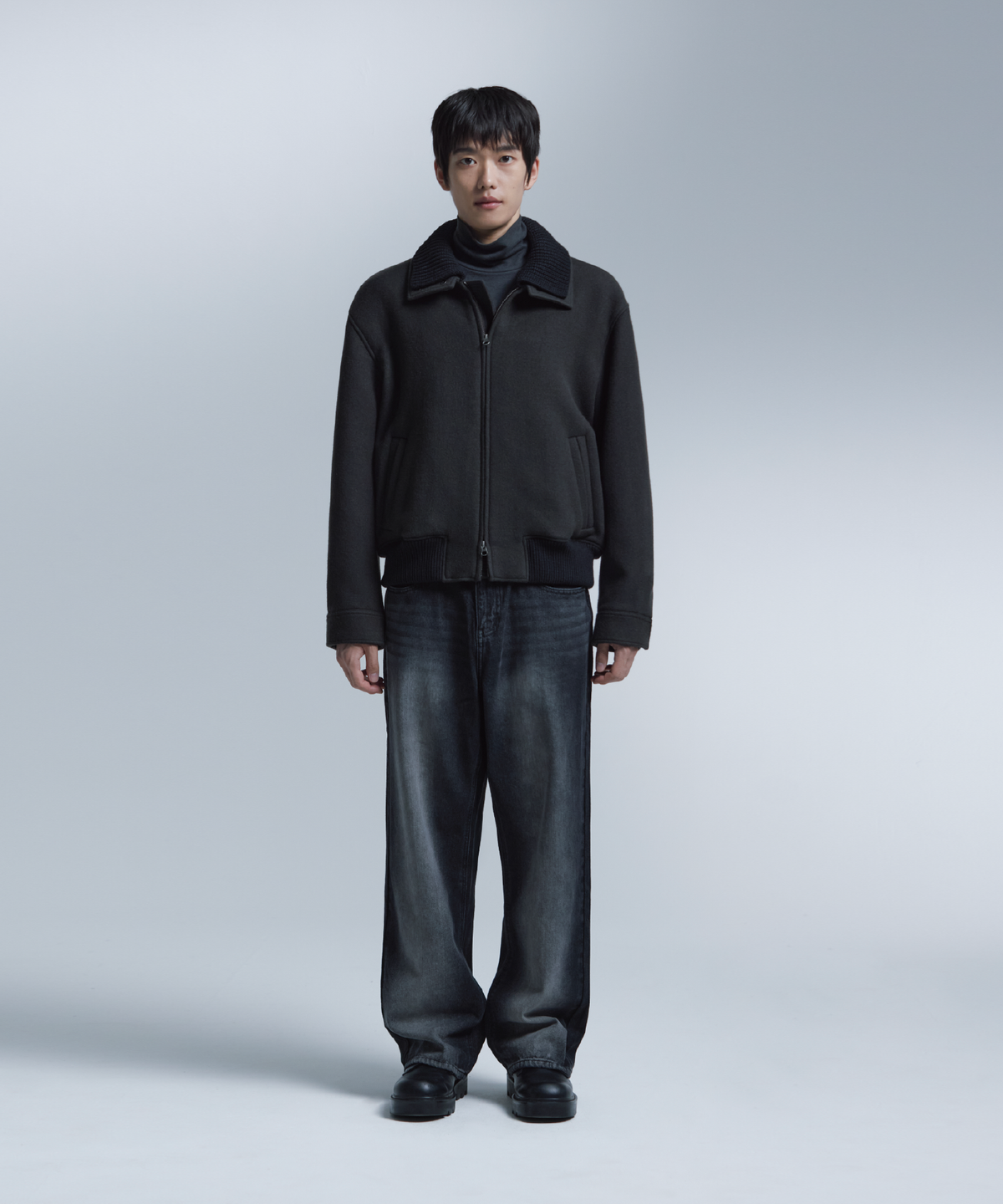넌블랭크(NONBLANK) 니트칼라 울 블렌드 숏 자켓_DARK GREY