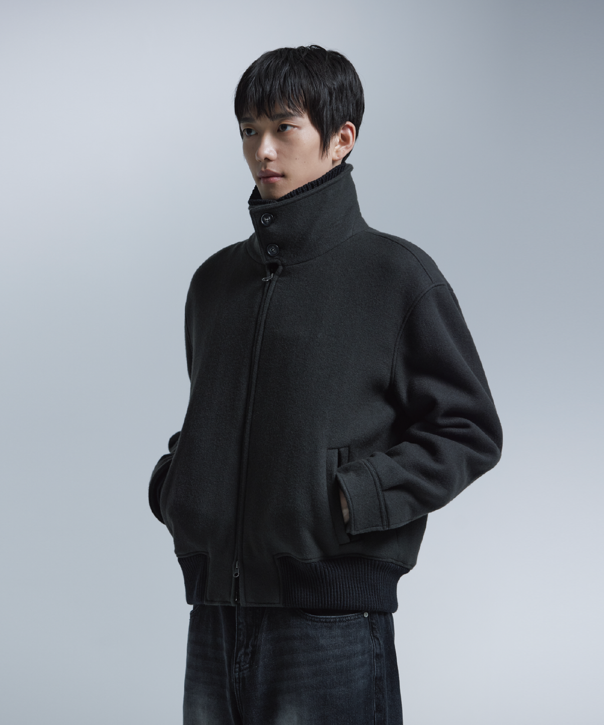 넌블랭크(NONBLANK) 니트칼라 울 블렌드 숏 자켓_DARK GREY