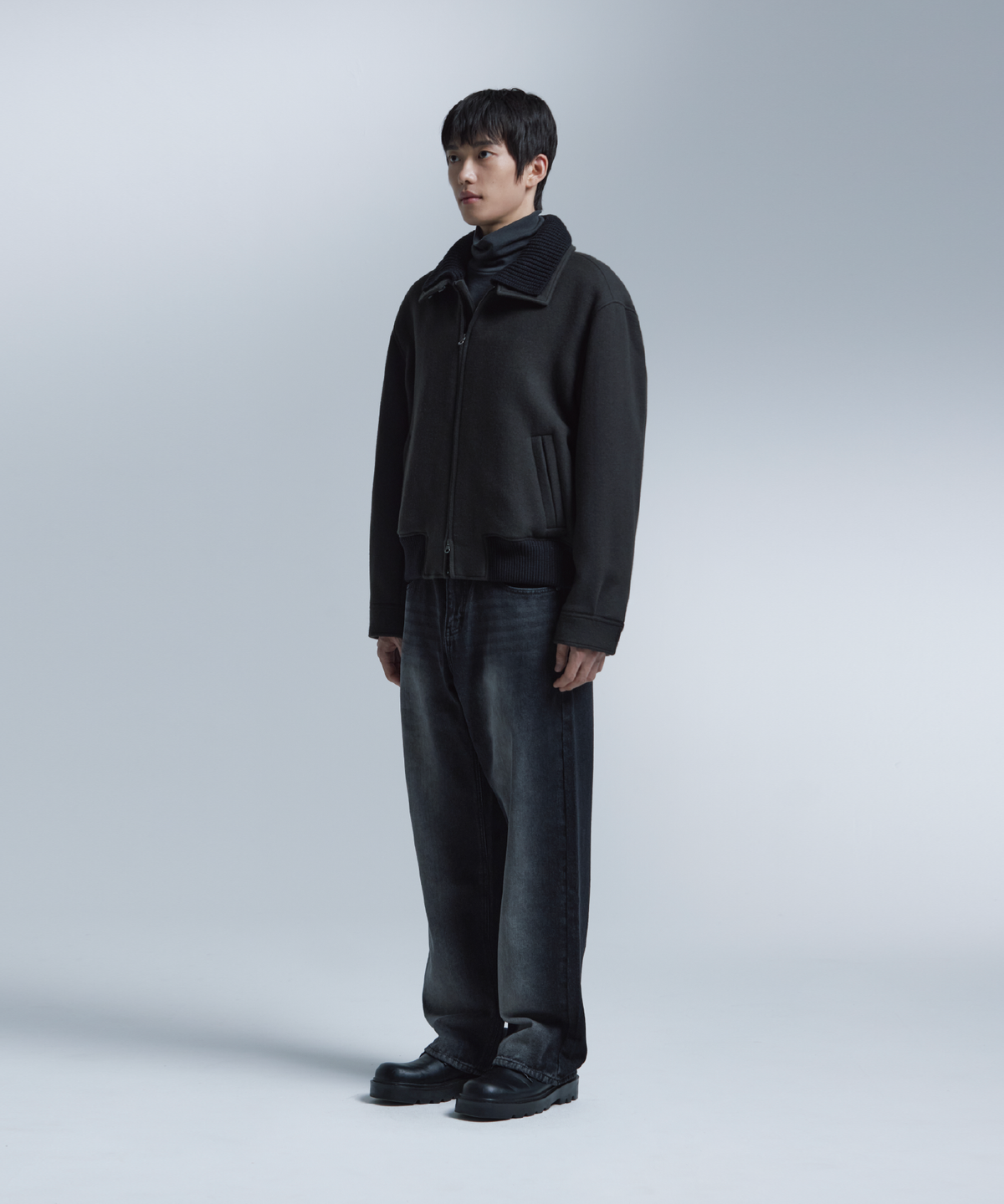 넌블랭크(NONBLANK) 니트칼라 울 블렌드 숏 자켓_DARK GREY
