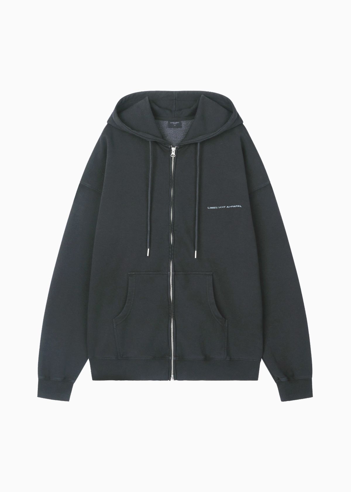 라임라잇 어패럴(LIMELIGHT APPAREL) 어패럴 피그먼트 백 로고 오버사이즈 2WAY 집업 후디 (블랙/그레이)