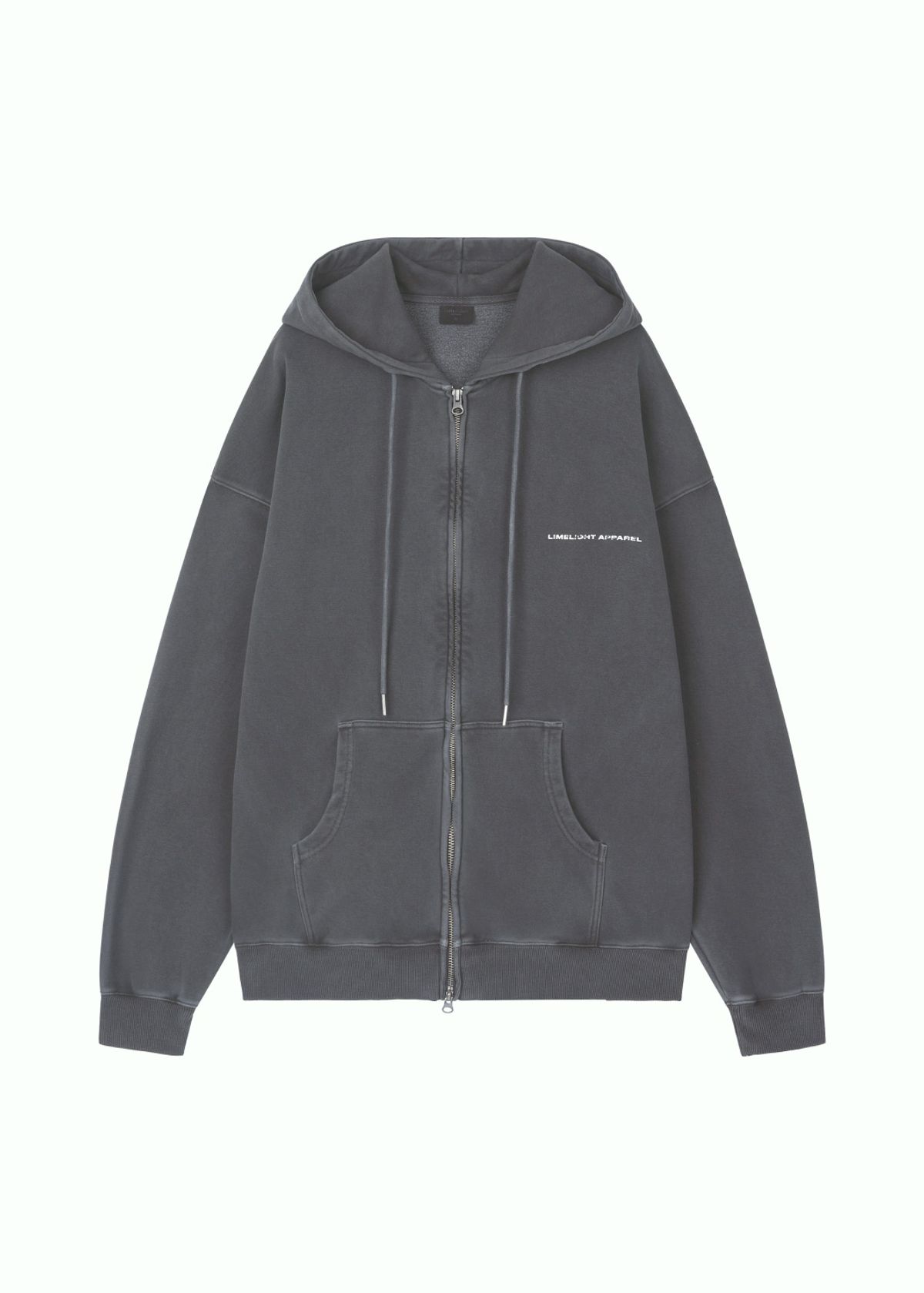 라임라잇 어패럴(LIMELIGHT APPAREL) 어패럴 피그먼트 백 로고 오버사이즈 2WAY 집업 후디 (차콜/화이트)