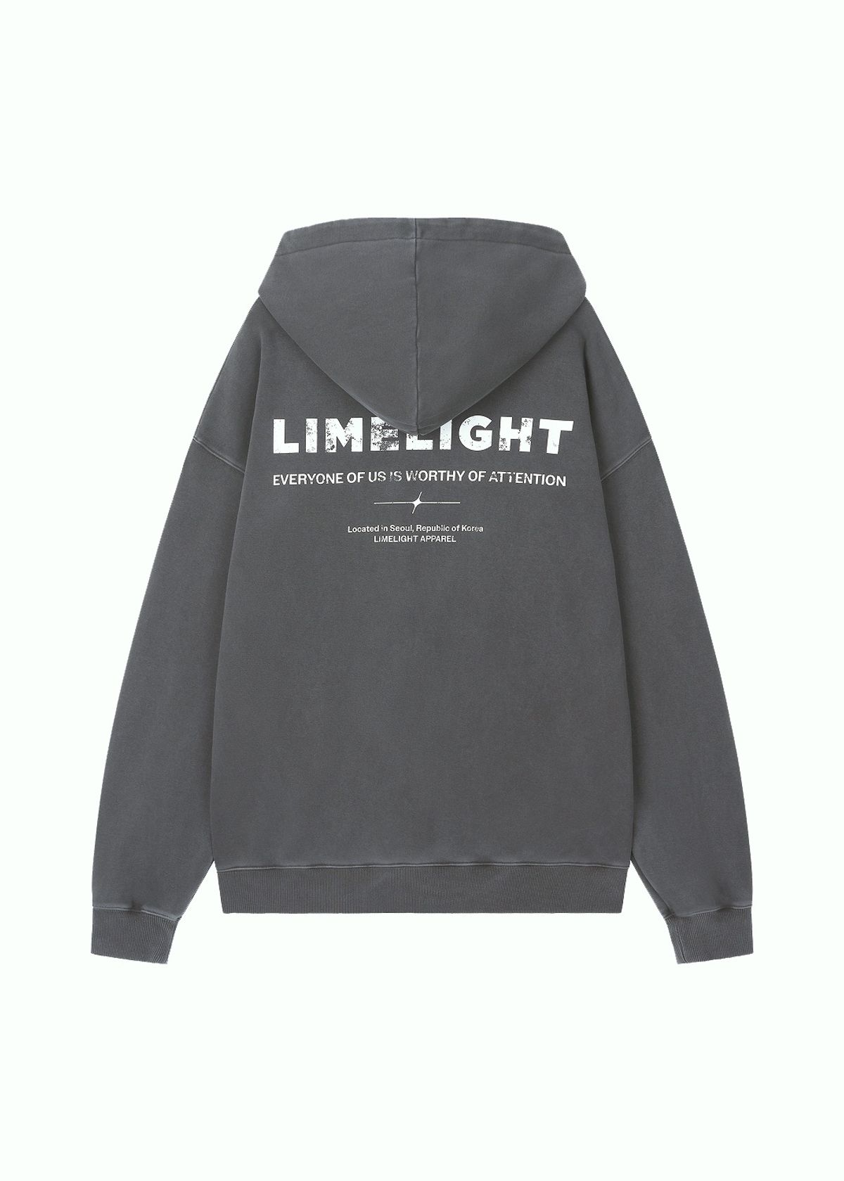 라임라잇 어패럴(LIMELIGHT APPAREL) 어패럴 피그먼트 백 로고 오버사이즈 2WAY 집업 후디 (차콜/화이트)