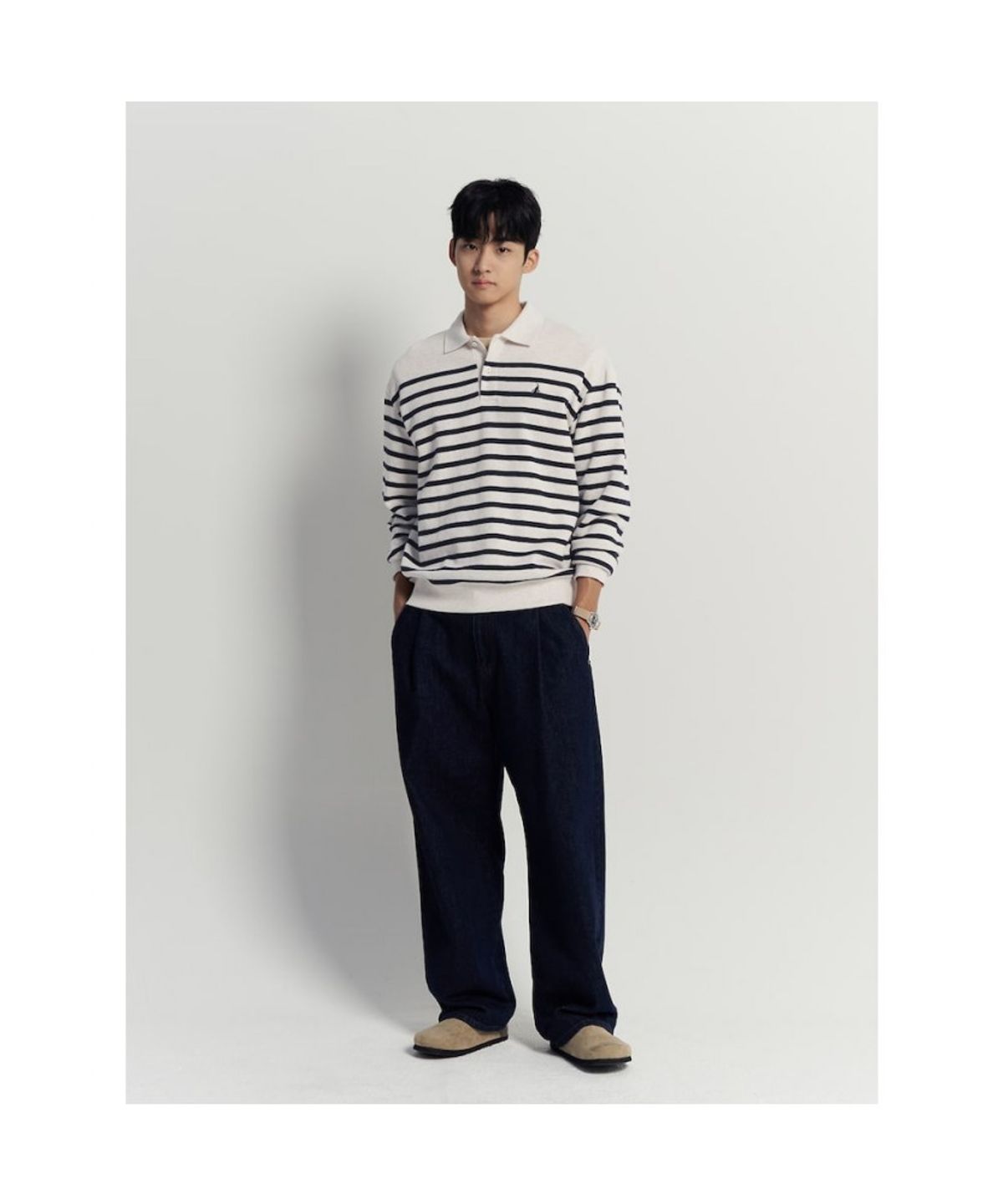 빈폴 멘(BEANPOLE MEN) 캐주얼 니트라이크 스트라이프 칼라넥 맨투맨  아이보리