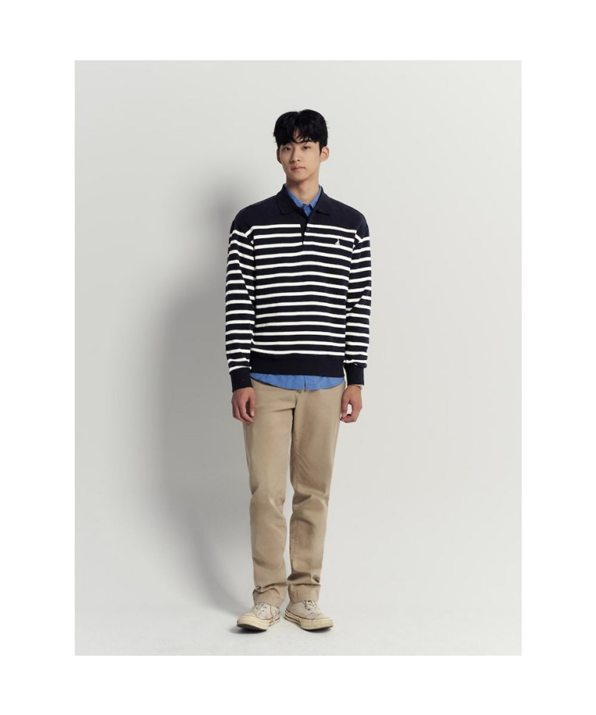 빈폴 멘(BEANPOLE MEN) 캐주얼 니트라이크 스트라이프 칼라넥 맨투맨  네이비
