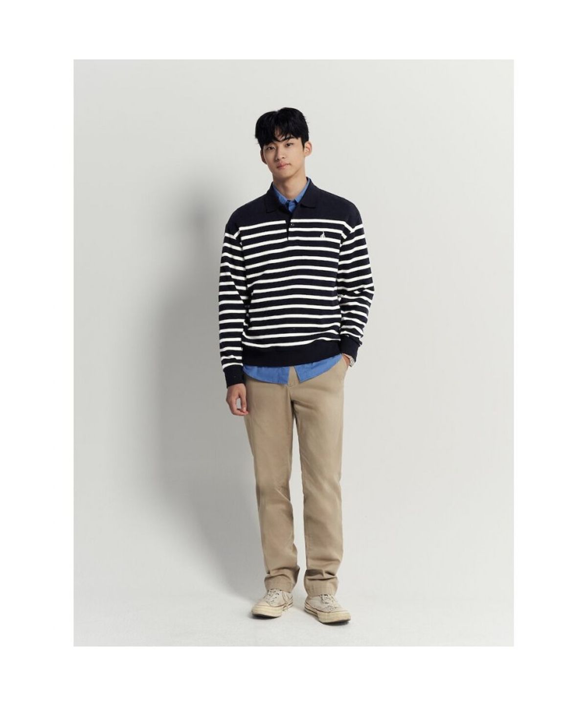 빈폴 멘(BEANPOLE MEN) 캐주얼 니트라이크 스트라이프 칼라넥 맨투맨  네이비