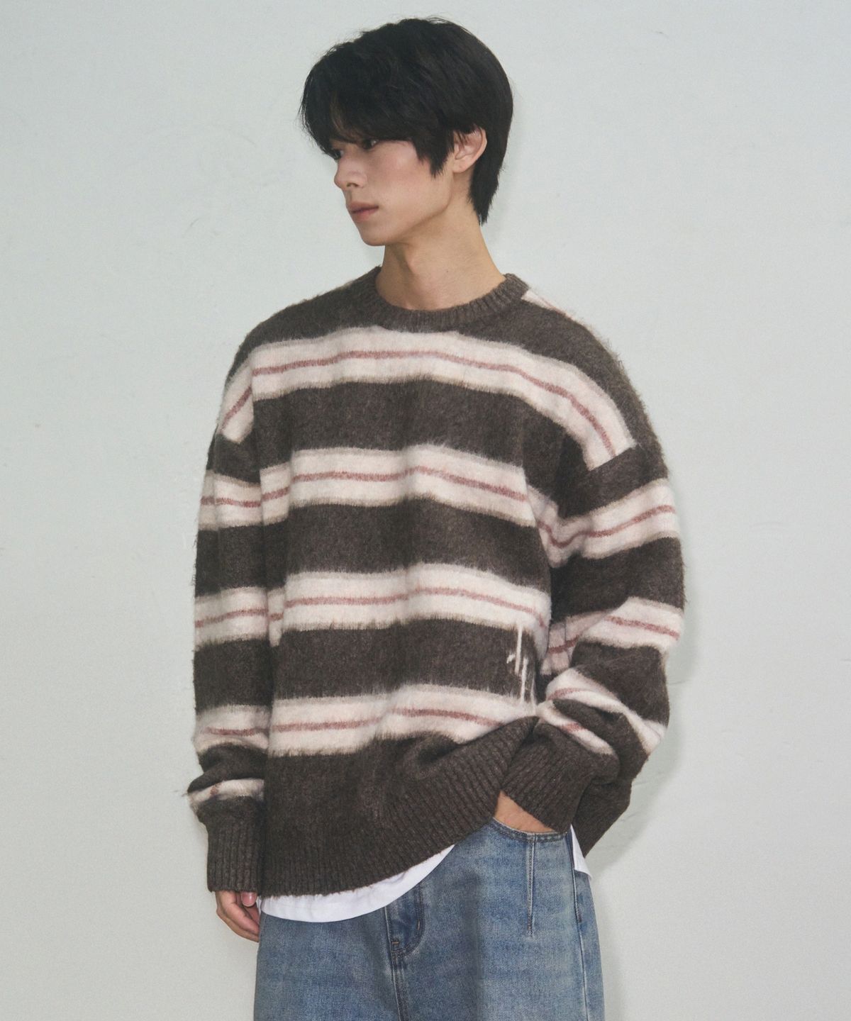 레더리(LEATHERY) 로고 헤어리 스트라이프 니트 [BROWN]
