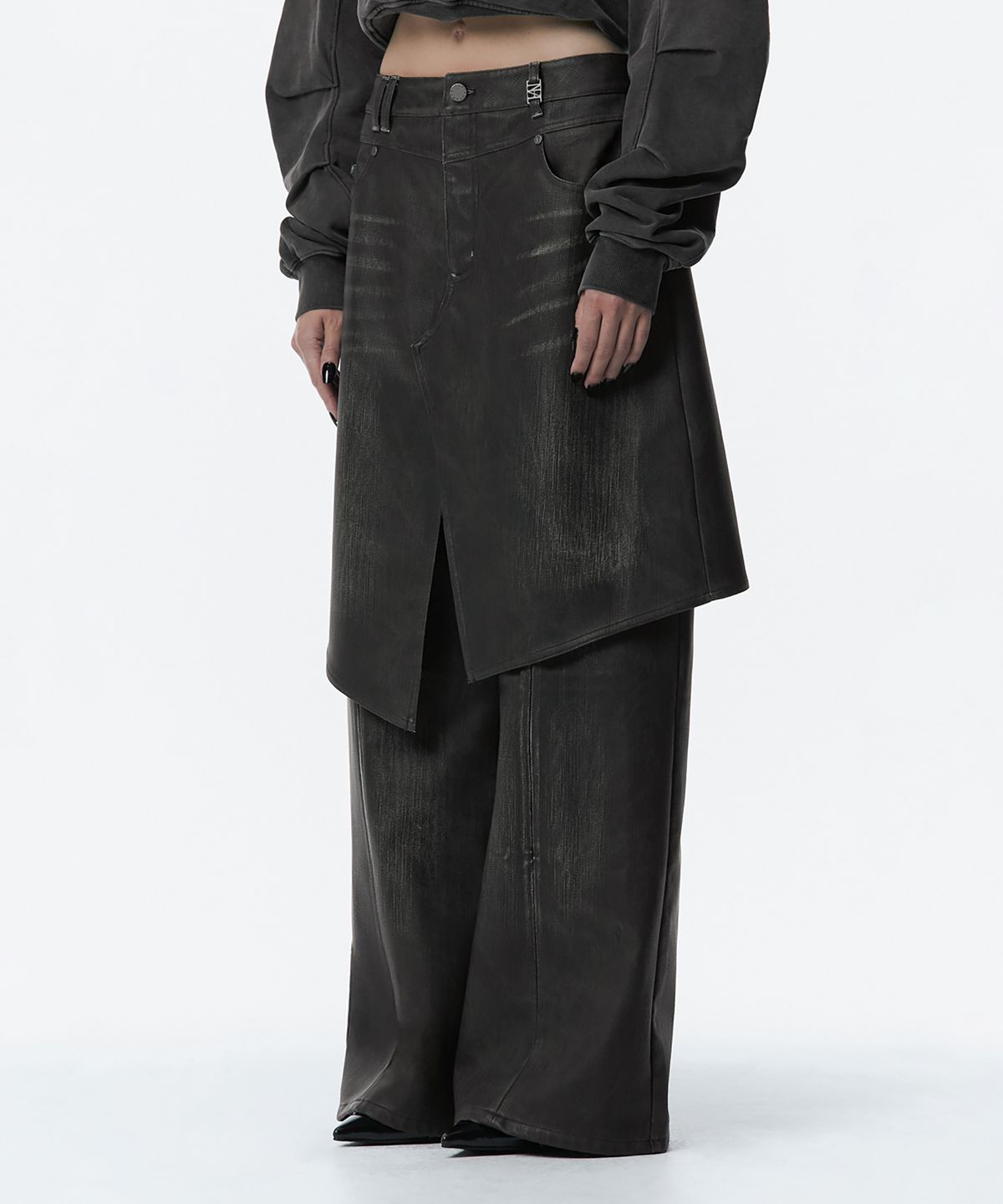트리밍버드(TREEMINGBIRD) Layered Skirt Pants [ Dark Brown ]