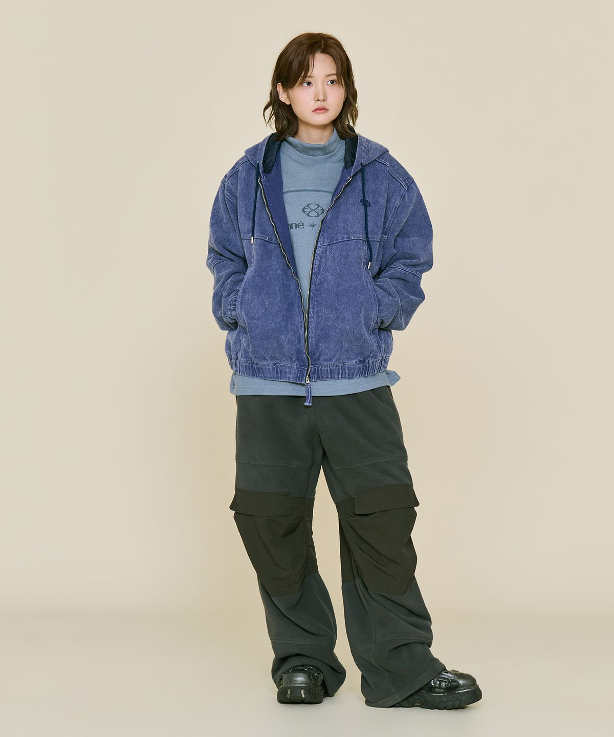 논타입(NONTYPE) INCISION HOOD PADDED JUMPER (WASHED BLUE)