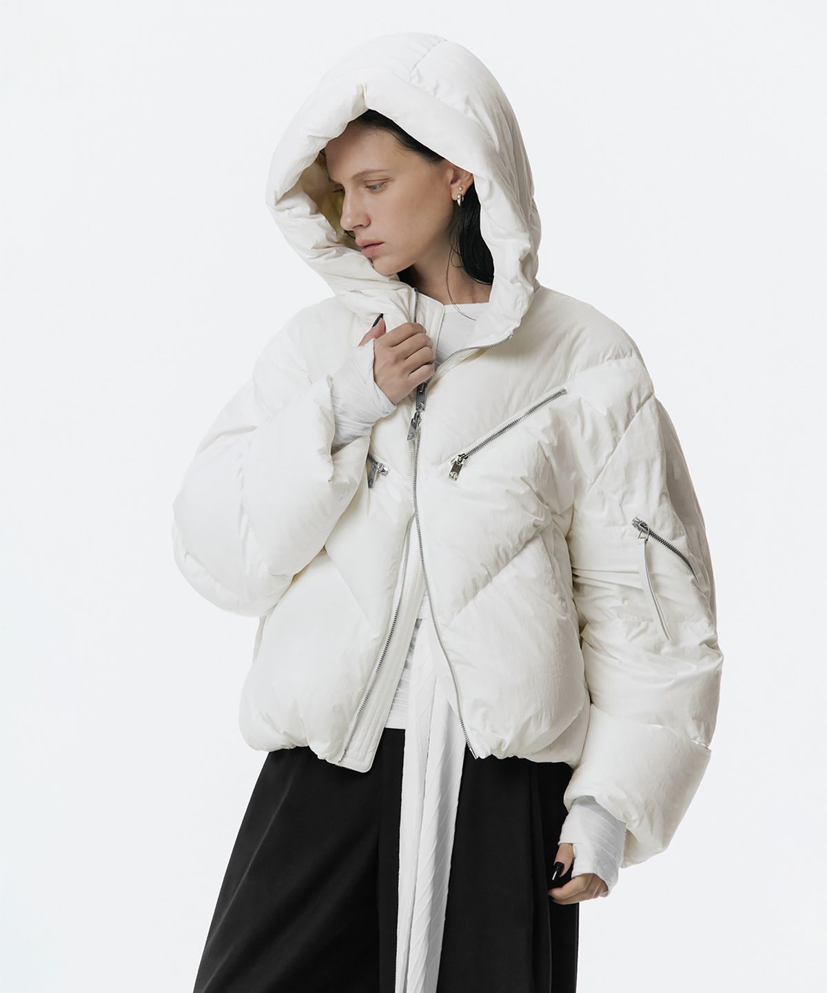 트리밍버드(TREEMINGBIRD) High Neck Hooded Duck Down Padding [ White ]
