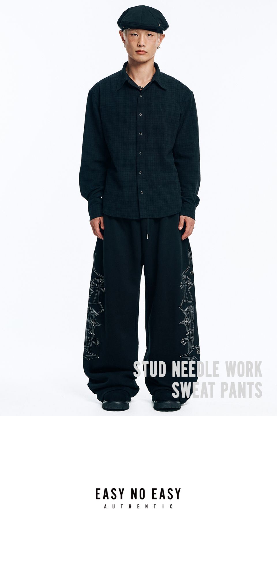 MUSINSA | EASY NO EASY Stud Needle Work Sweat Pants - Black