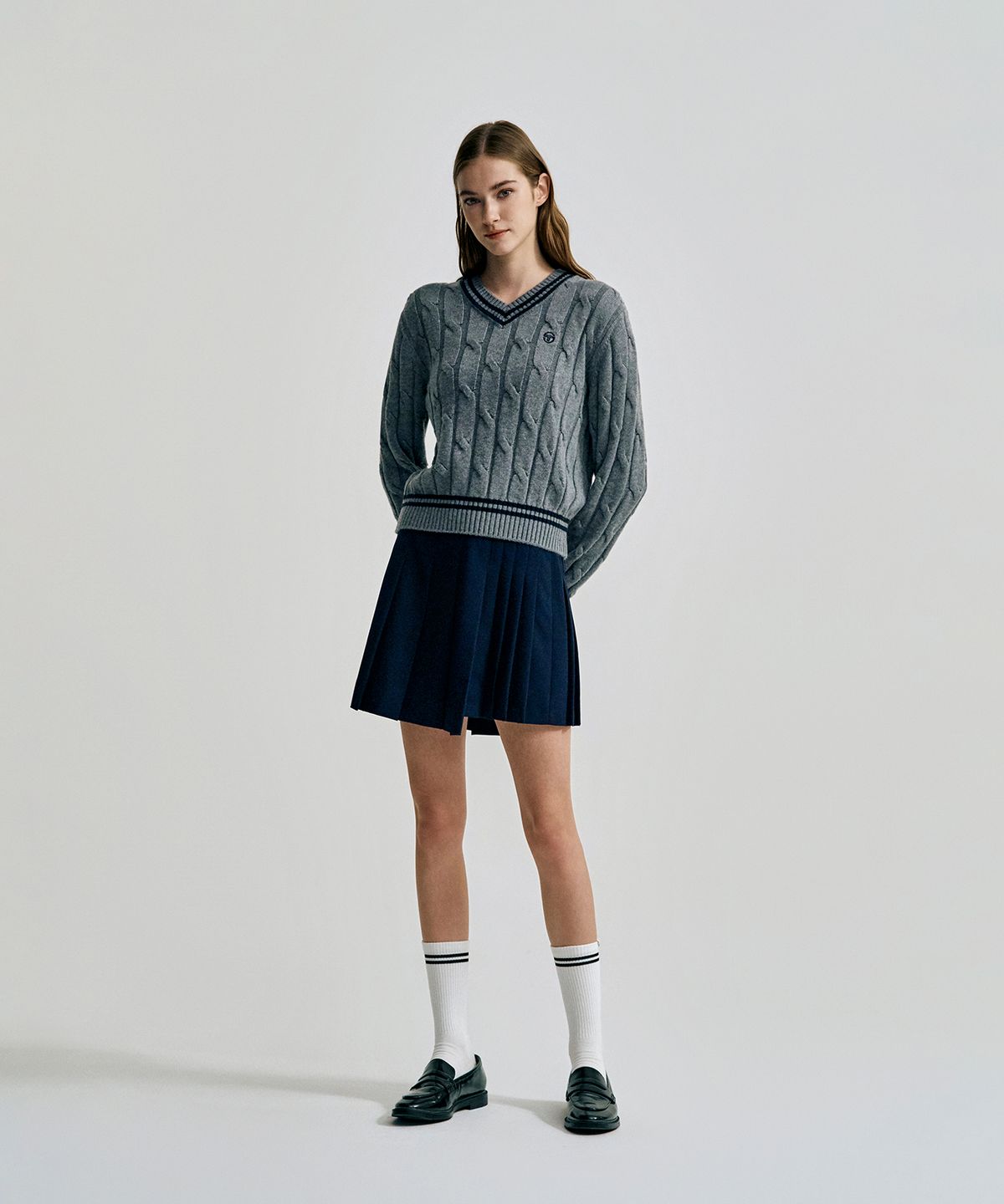 세르지오 타키니(SERGIO TACCHINI) W 브이넥 케이블 스웨터 (Melange Grey)