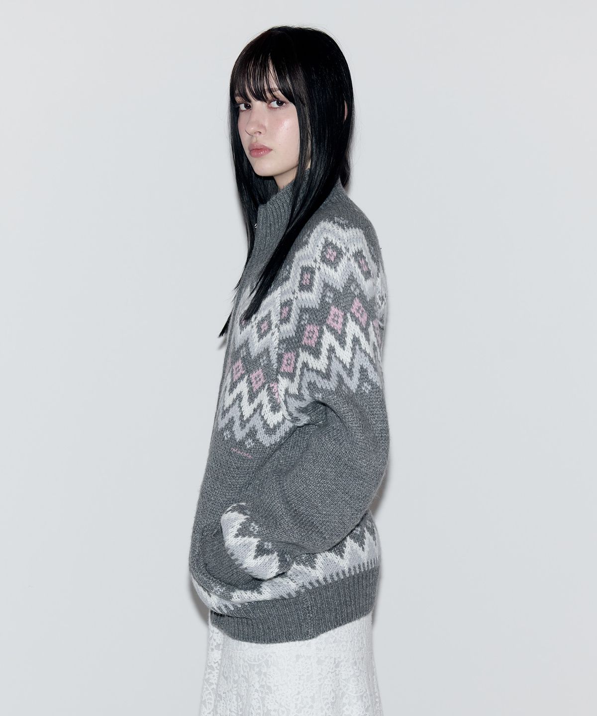 로라로라(ROLAROLA) NORDIC JACQUARD TWOWAY ZIP-UP KNIT GRAY