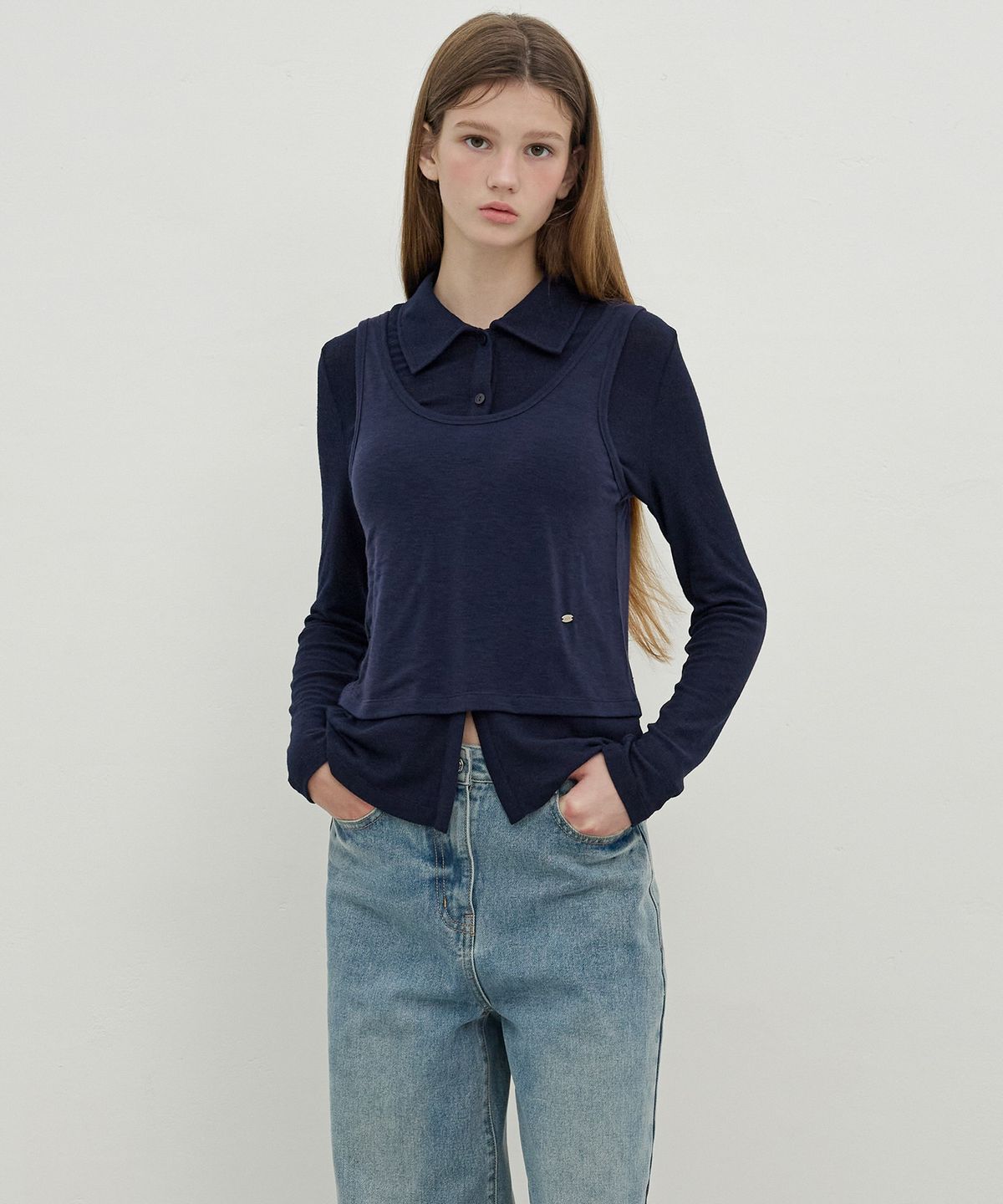 올리브 데 올리브(OLIVE DES OLIVE) 카라셔츠티&나시탑 레이어드 티셔츠 OW5AE8750