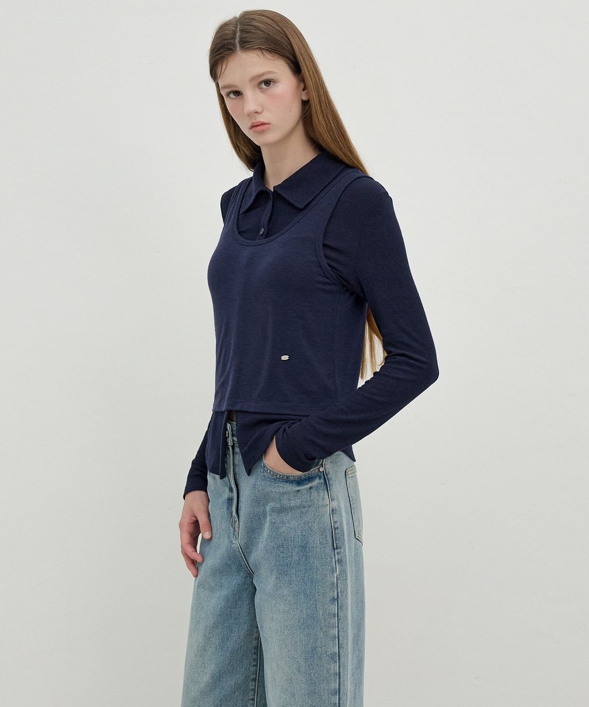 올리브 데 올리브(OLIVE DES OLIVE) 카라셔츠티&나시탑 레이어드 티셔츠 OW5AE8750