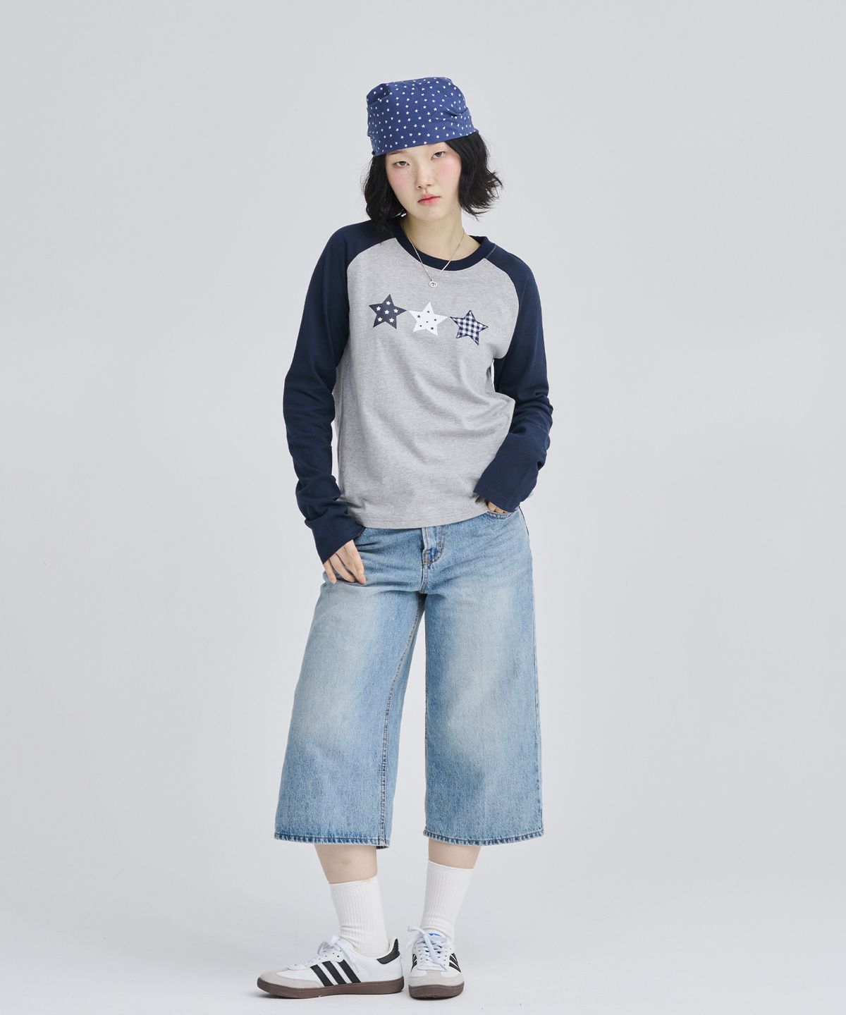 어썸스튜디오(AWESOME STUDIO) 스타 라글란 슬리브 티셔츠 멜란지그레이