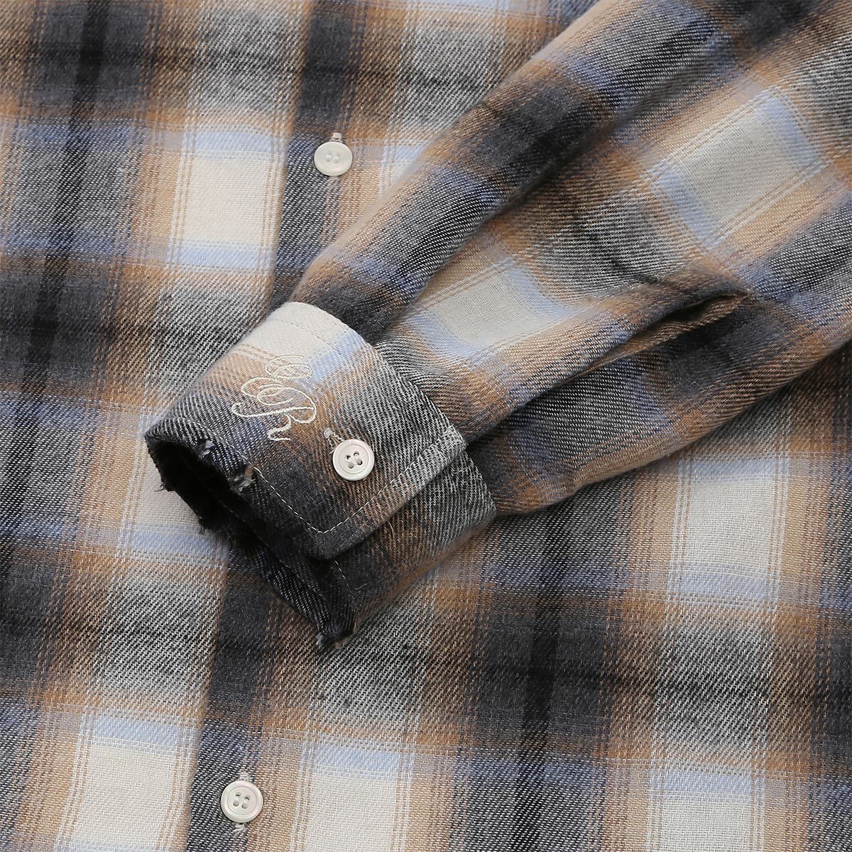 이이이알알알(EEERRR) EEERRR Damage washing  over-crop fit check long shirt (Blue)