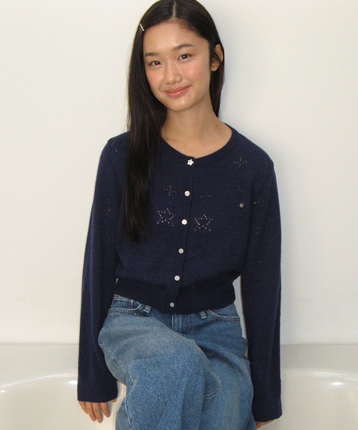 론론(RONRON) STAR PATTERN SCOTCH CARDIGAN NAVY