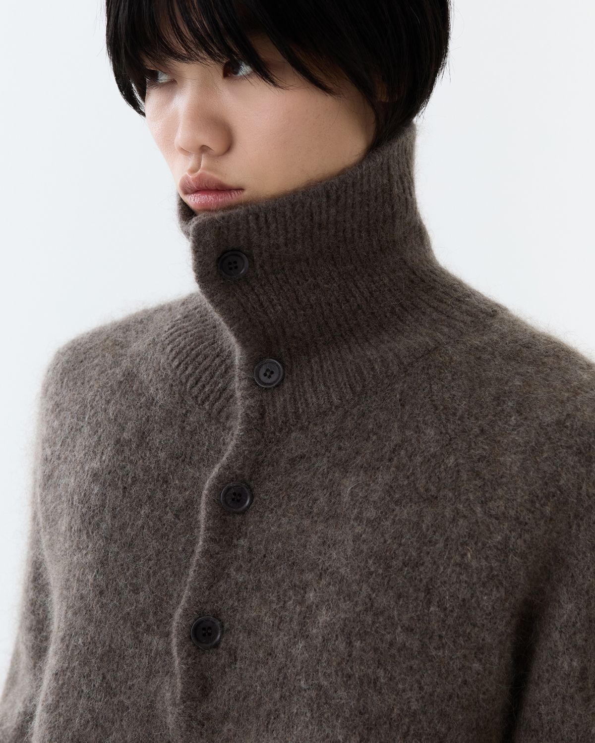 디앤드퀘스천(THEENDQUESTION) Kid mohair button turtle knit top / BROWN