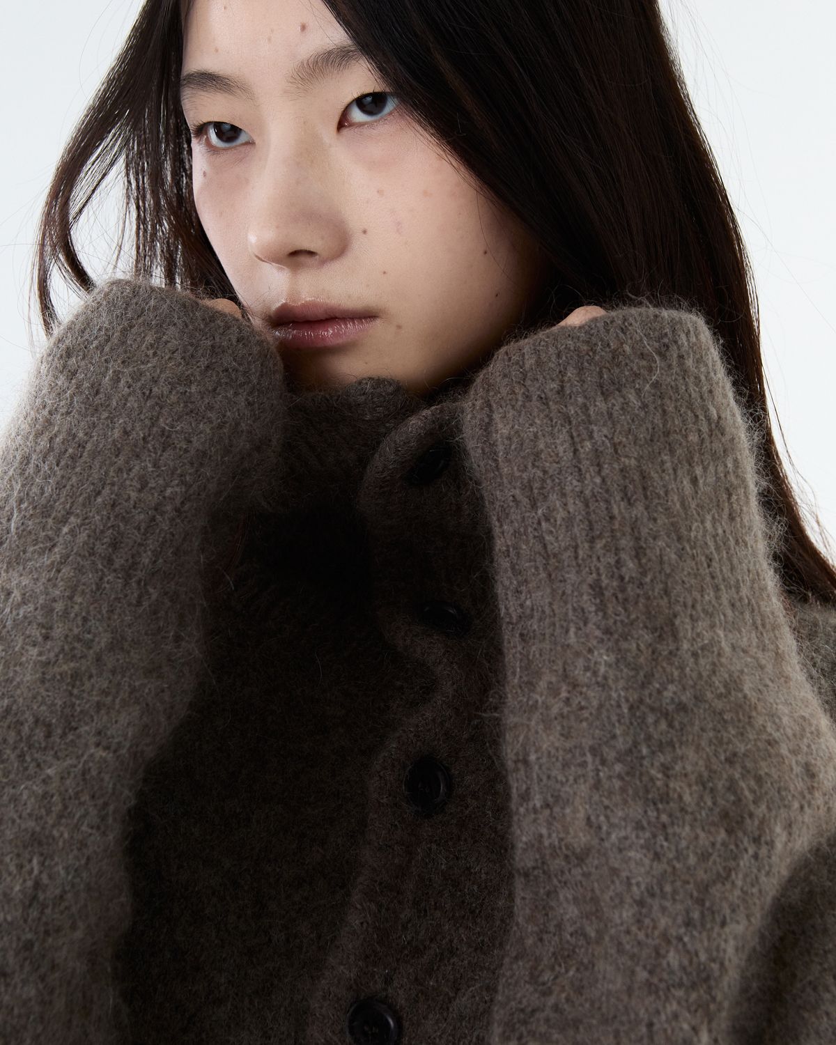 디앤드퀘스천(THEENDQUESTION) Kid mohair button turtle knit top / BROWN