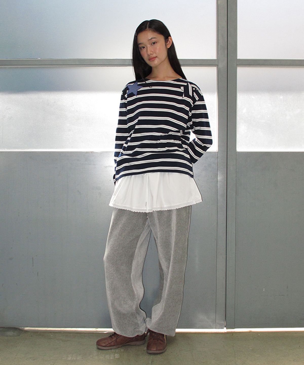 론론(RONRON) LAYERED SKIRT CORDUROY STRING PANTS WHITE GREY