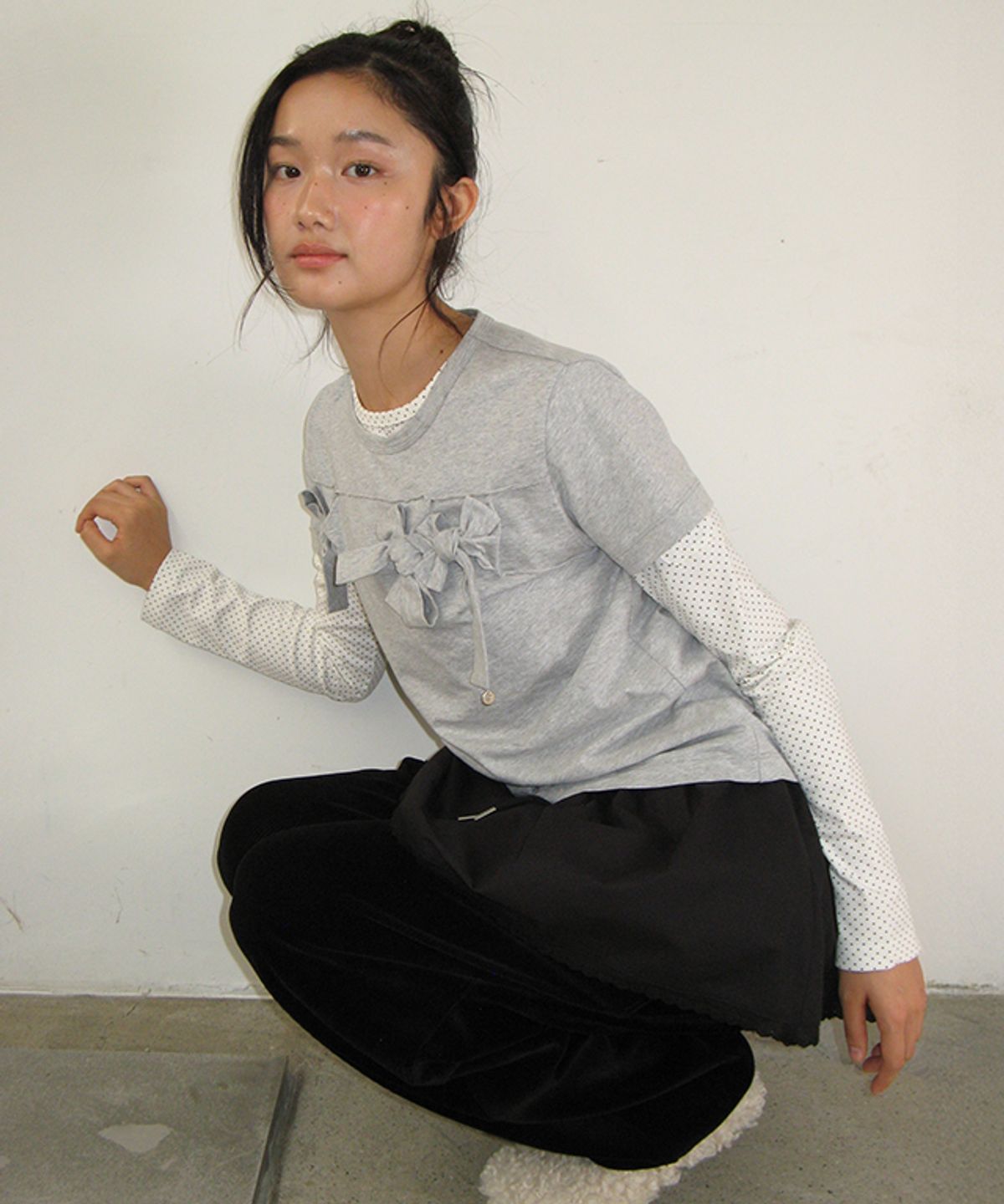 론론(RONRON) LAYERED SKIRT CORDUROY STRING PANTS BLACK