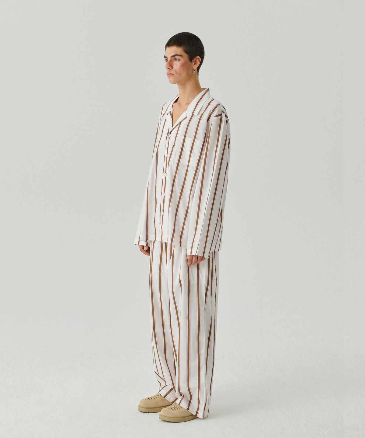 슬리피곰(SLEEPYGOM) Pink Brown stripe wide pajama set