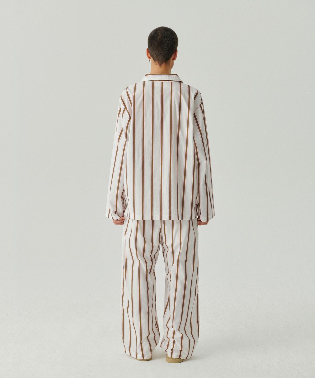 슬리피곰(SLEEPYGOM) Pink Brown stripe wide pajama set