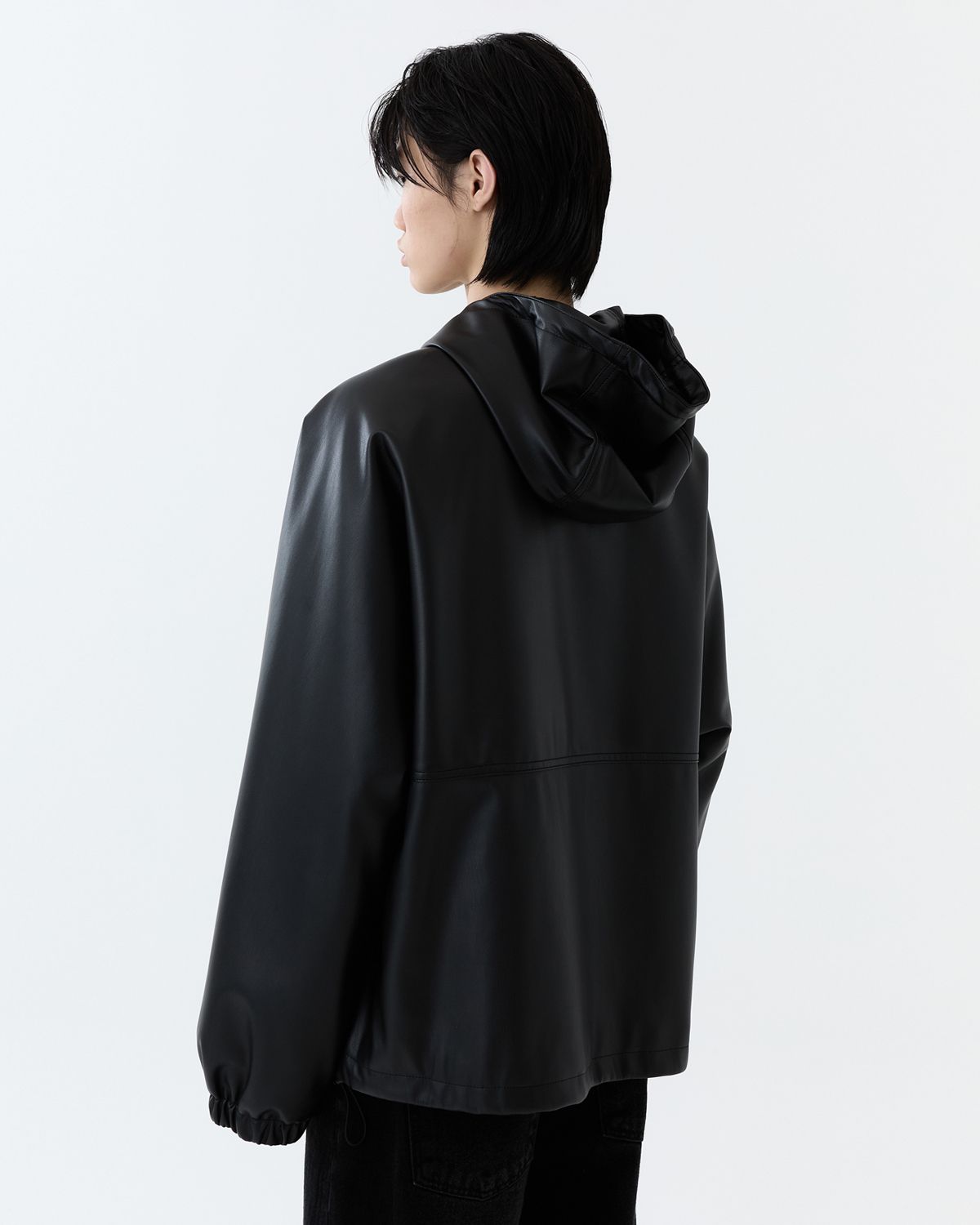 디앤드퀘스천(THEENDQUESTION) Leather hooded jumper / BLACK