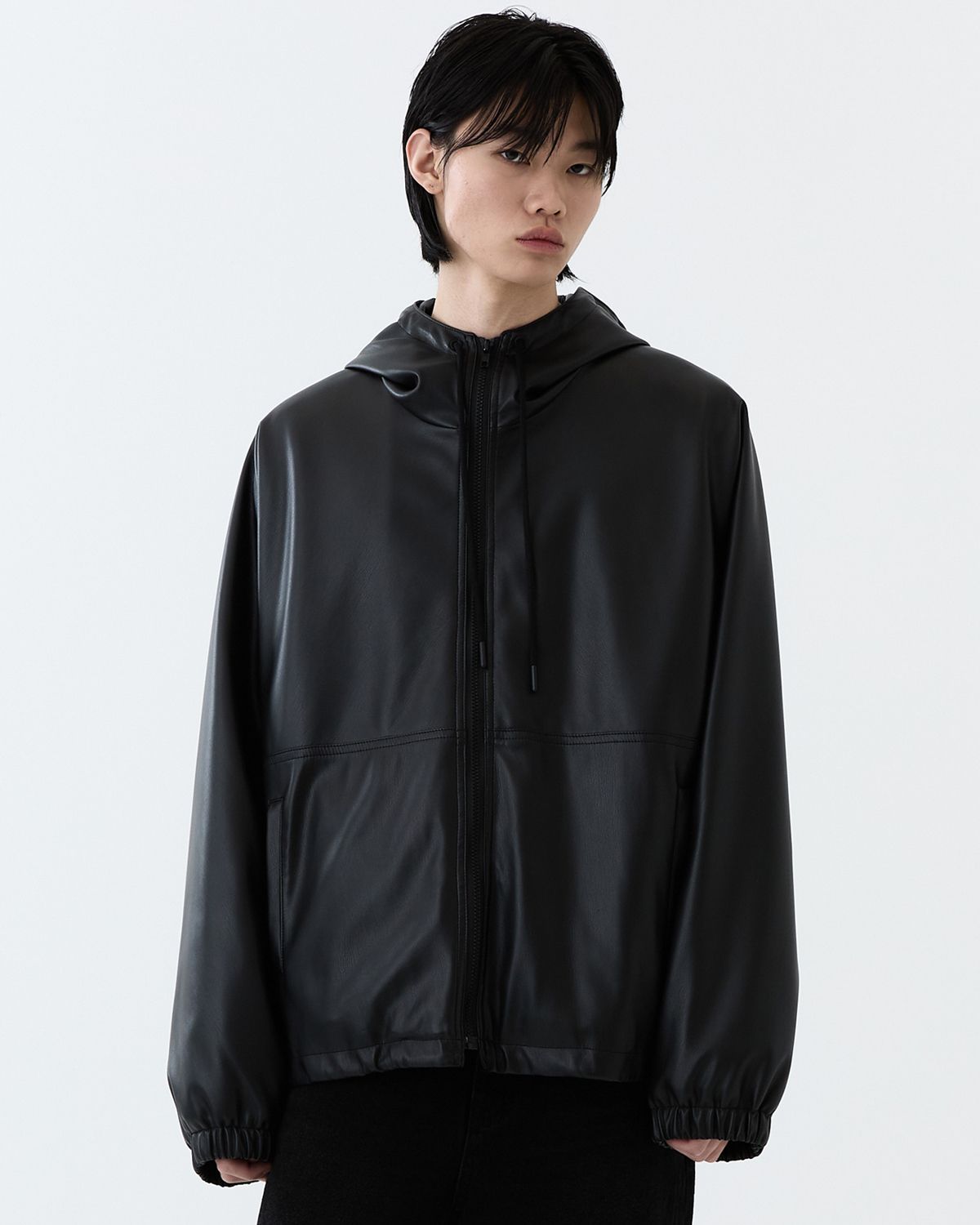 디앤드퀘스천(THEENDQUESTION) Leather hooded jumper / BLACK