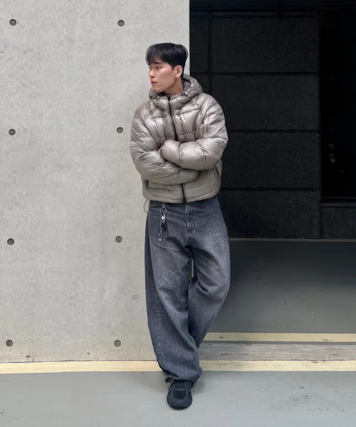 피인오(P.IN.O) 시스루 퀼팅 후드 경량패딩 - 진그레이