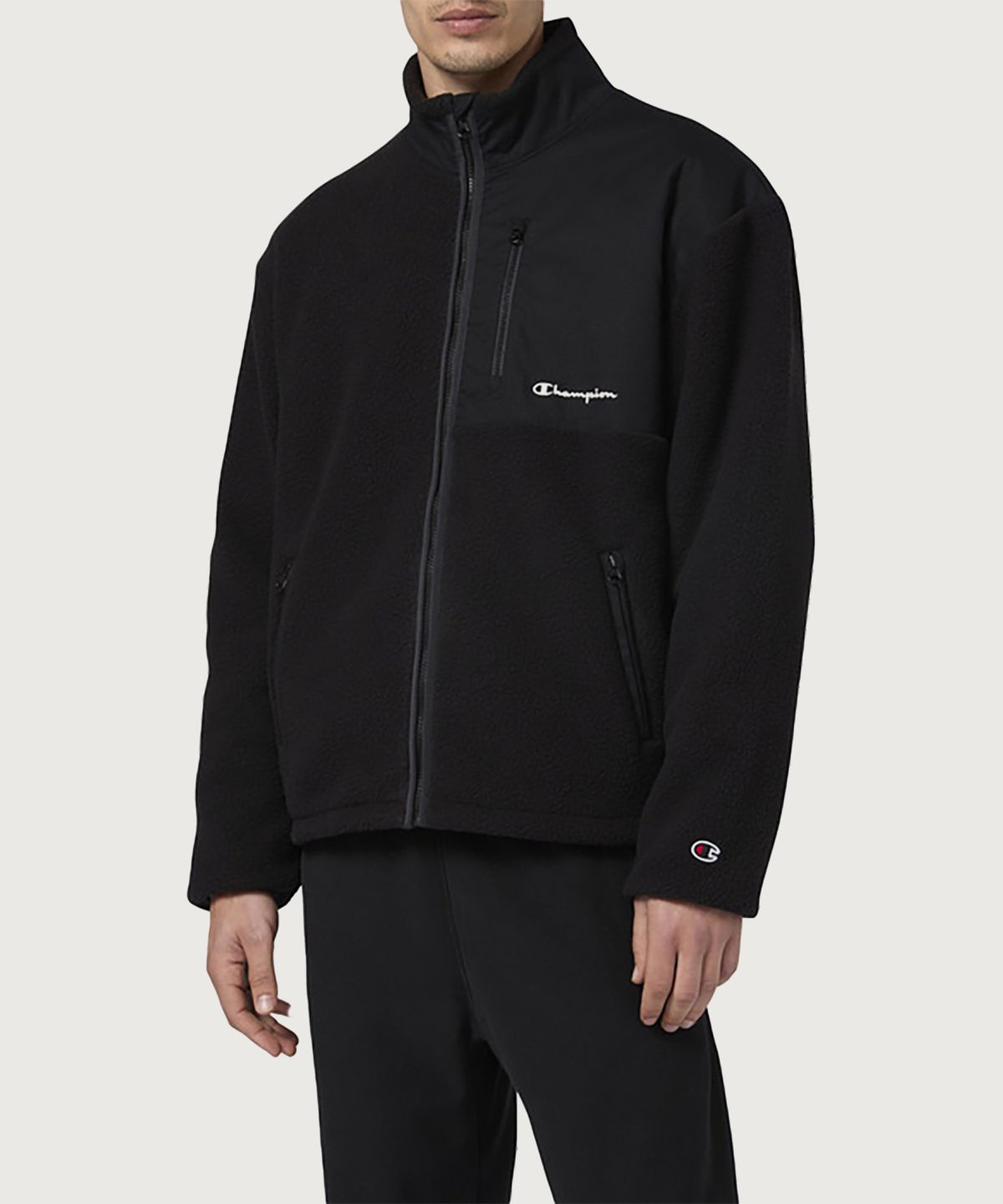 챔피온(CHAMPION) 우븐 블록 오버핏 풀집업 플리스 재킷 Black