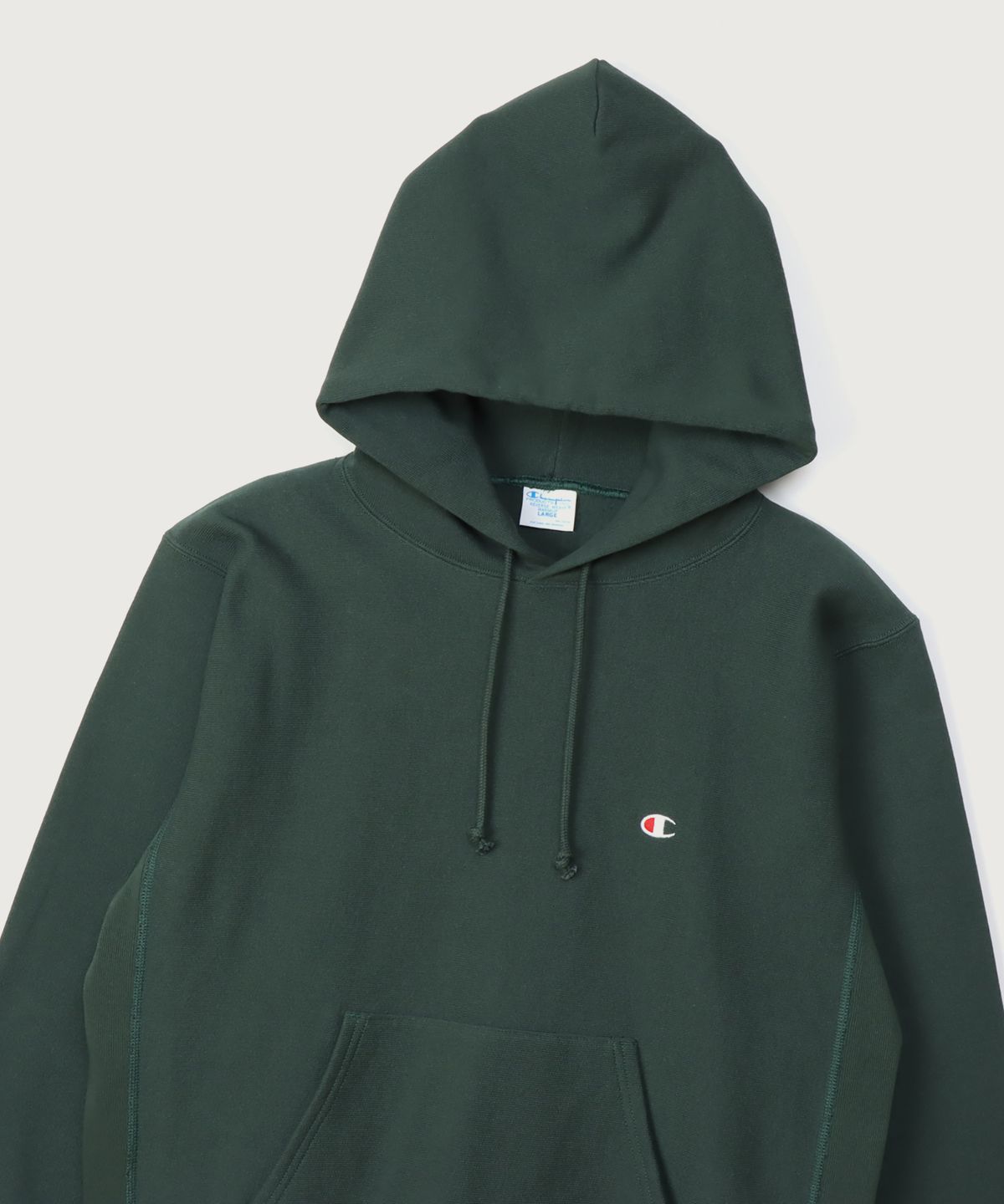 챔피온(CHAMPION) 리버스위브 블루택 C로고 오버핏 기모 후드 티셔츠 Dark Green