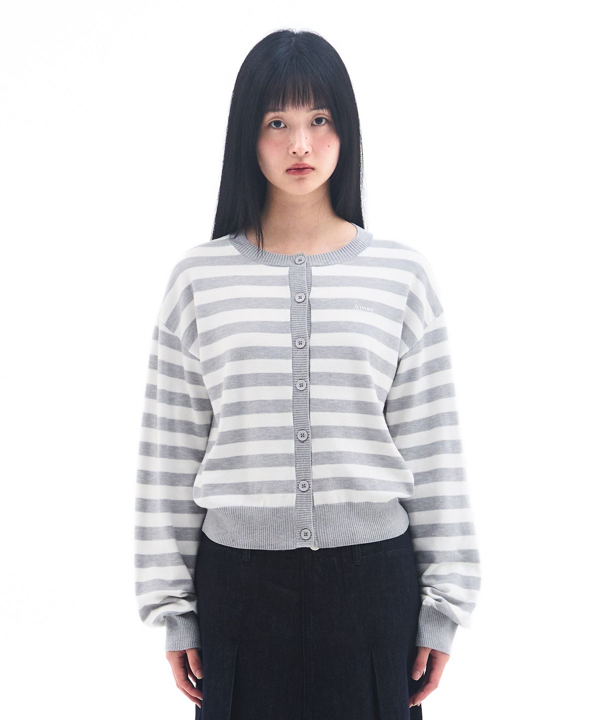 아메스 월드와이드(AMES-WORLDWIDE) STRIPE ROUND NECK CARDIGAN GREY