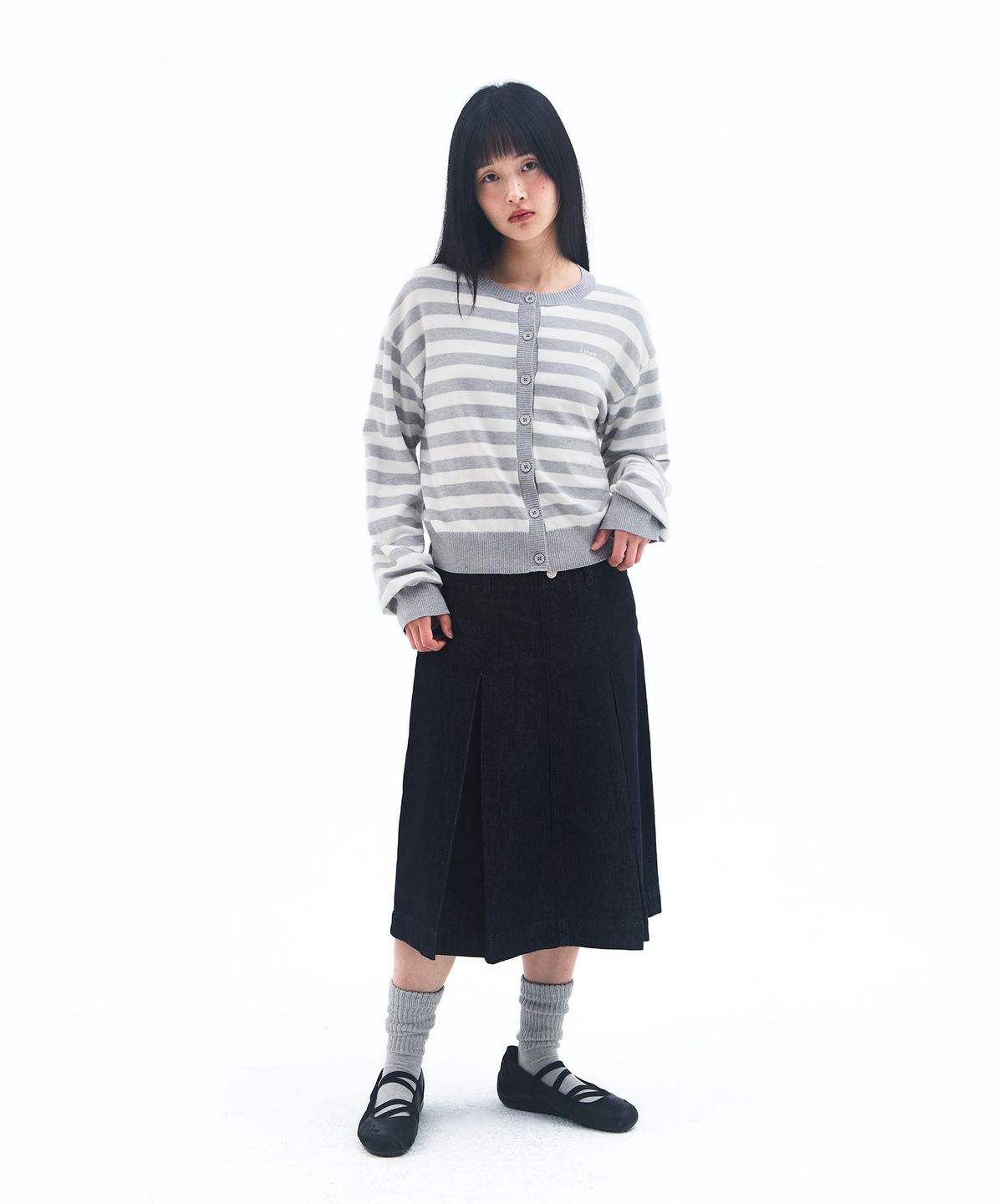 아메스 월드와이드(AMES-WORLDWIDE) STRIPE ROUND NECK CARDIGAN GREY
