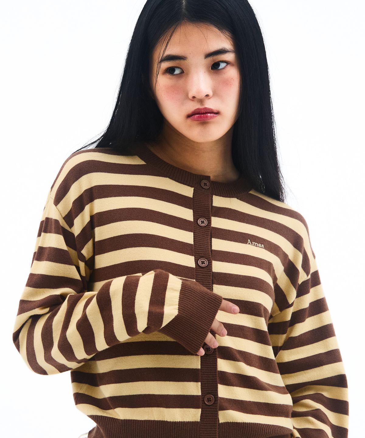 아메스 월드와이드(AMES-WORLDWIDE) STRIPE ROUND NECK CARDIGAN YELLOW